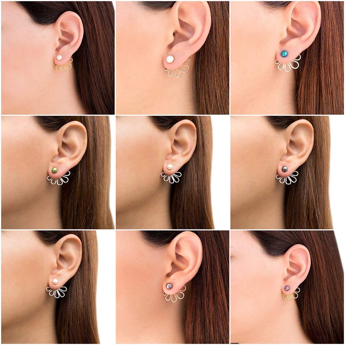 Kolczyki Ear-Jacket kwiaty ze srebra próby 925 z czarnymi perłami – wygląd 2 w 1 przód-tył – niklowane i hipoalergiczne – handmade by Emmanuela