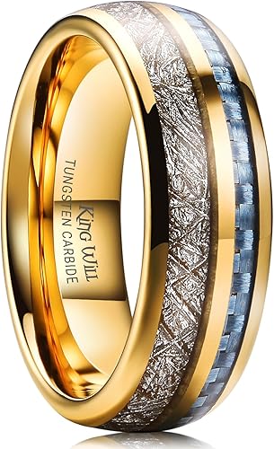 King Will Anillos de tungsteno para hombre, meteorito, fibra de carbono, incrustaciones de madera, para hombre, boda, compromiso, cúpula, pulida
