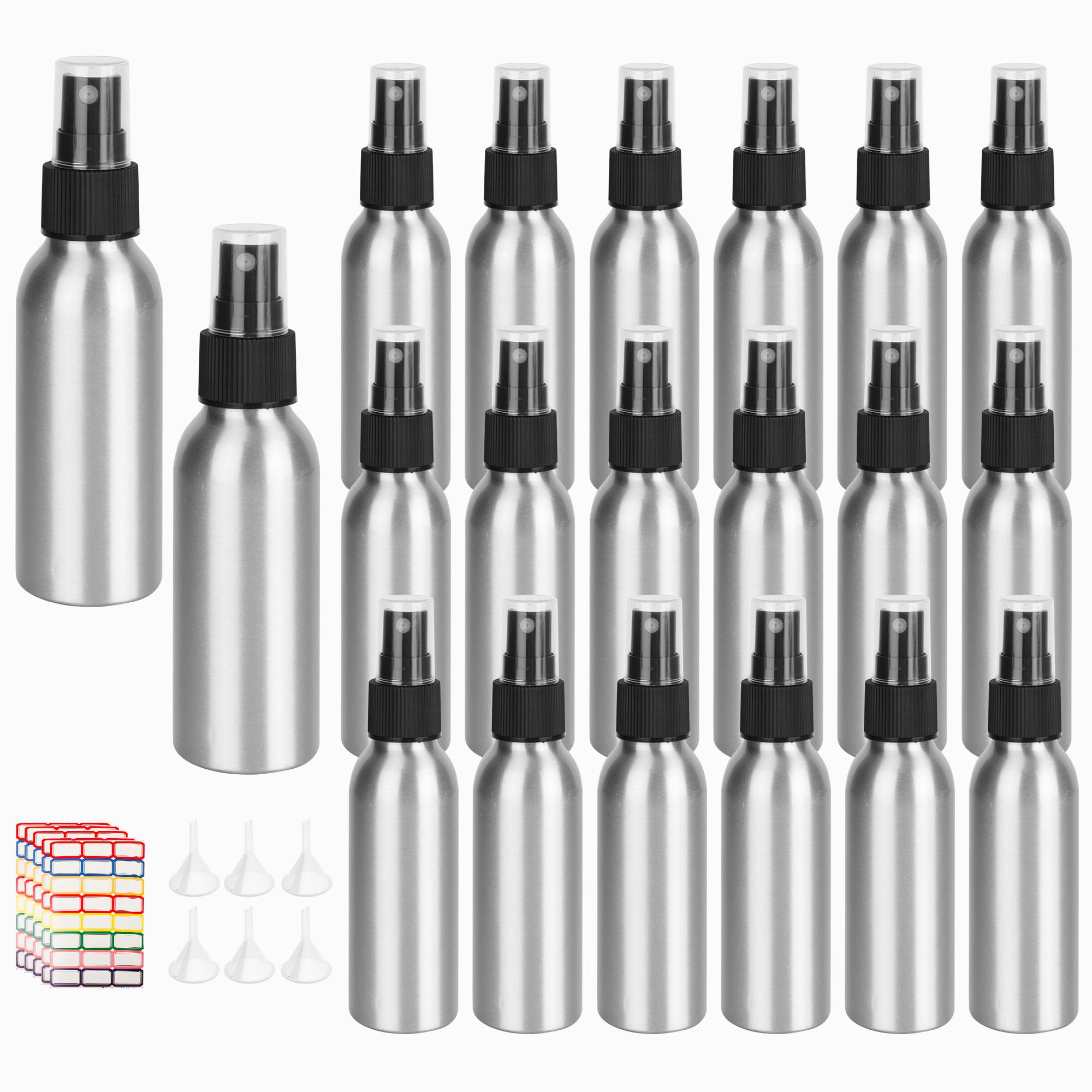 Aluminium-Sprühflaschen, 60 ml, klein, nachfüllbar, feiner Nebel, leere Sprühflaschen für Reisen, ätherische Öle, Silber, 20 Stück