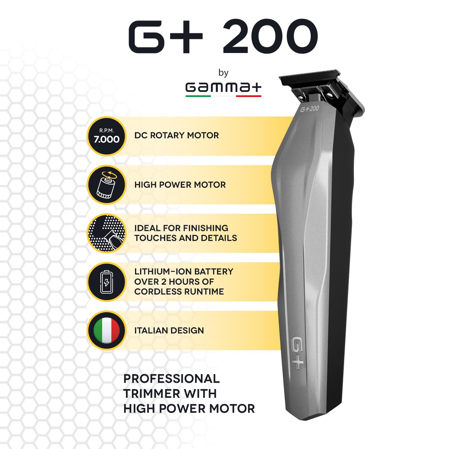 GAMMA+ Trimmer Professionale G+200 | Regolabarba Professionale e Rifinitore Contorni | Motore Rotativo DC 7.000 RPM | Lama Acciaio Giapponese + Ceramica | Autonomia oltre 2h | Ricarica USB-C