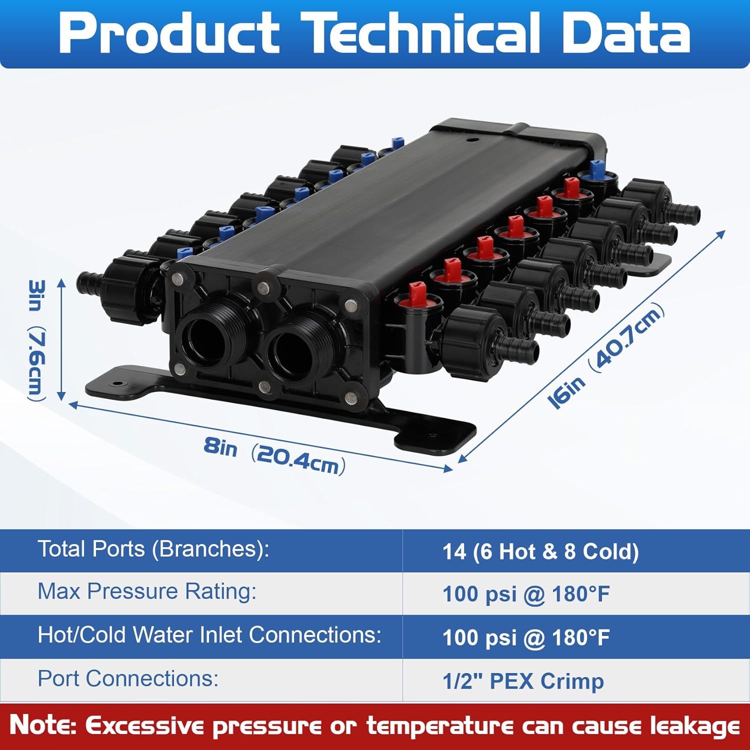 50143 Pex Manifold Compatible with Viega Manabloc, Homerun Distribution Pex Manifold with Valves, 1/2-Inch Zero Lead Poly Alloy PEX Crimp With 14 Ports Adapters(8 Cold, 6 Hot)