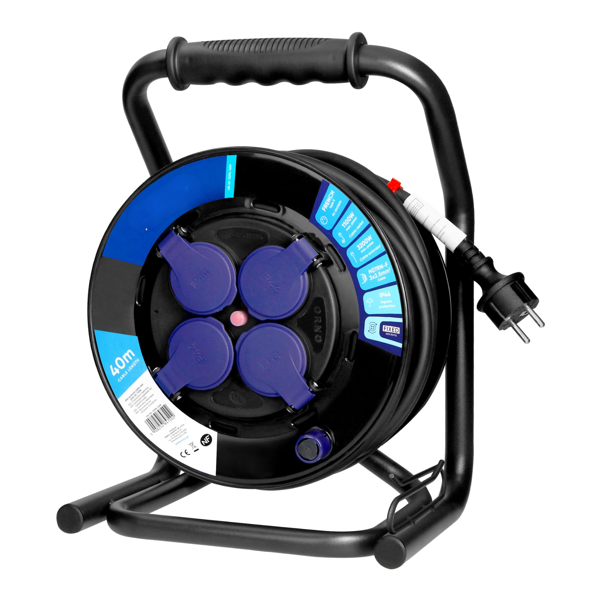 Przedłużacz Bębnowy 40m - 4 Gniazda ze Stykiem Ochronnym - Bolec (typ E) Olejoodporny Kabel H07RN-F 3 x 2,5 mm² Wyłącznik Termiczny System Anti-Twist Stojak Cube Ogród Warsztat Garaż IP44