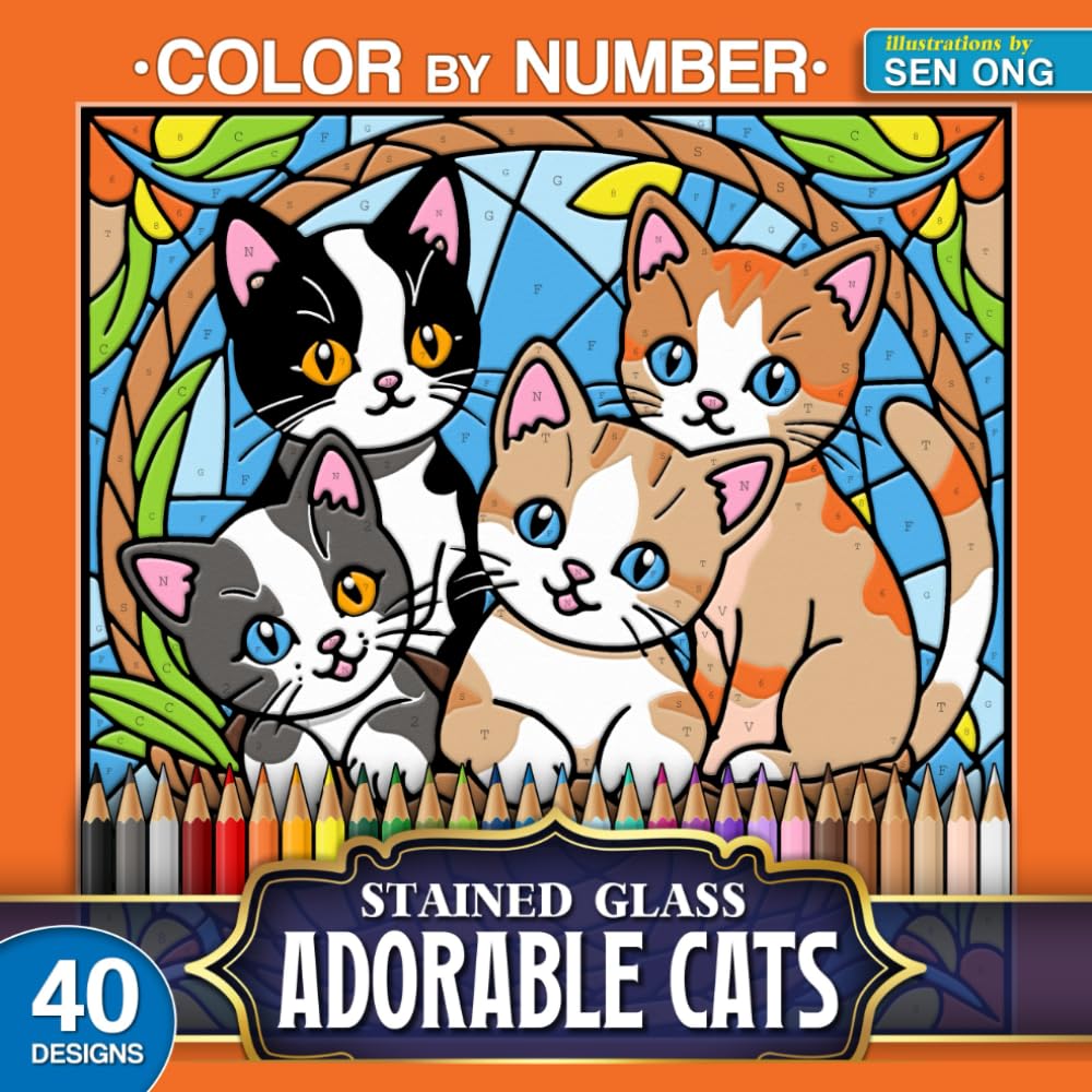 Adorable Cats Stained Glass Color by Number: 40 Heartwarming Feline Portraits (Stained Glass Color By Number Collection)
