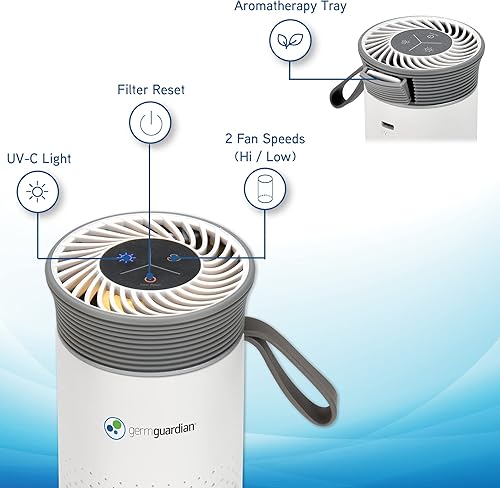 Miniatura 5 de GermGuardian Purificador de aire de alérgenos portátil para espacios pequeños con cable USB, captura polvo, polen, esporas de moho, luz UV-C ayuda a