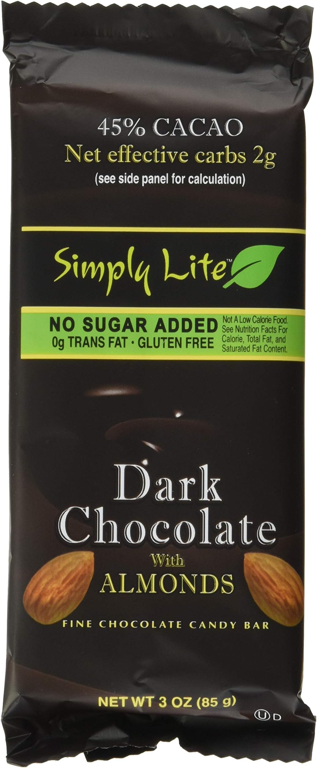 Simply Lite Chocolate Candy Bar, Low Garb Gluten Free Dark Chocolate with Almonds, (9 Pack)