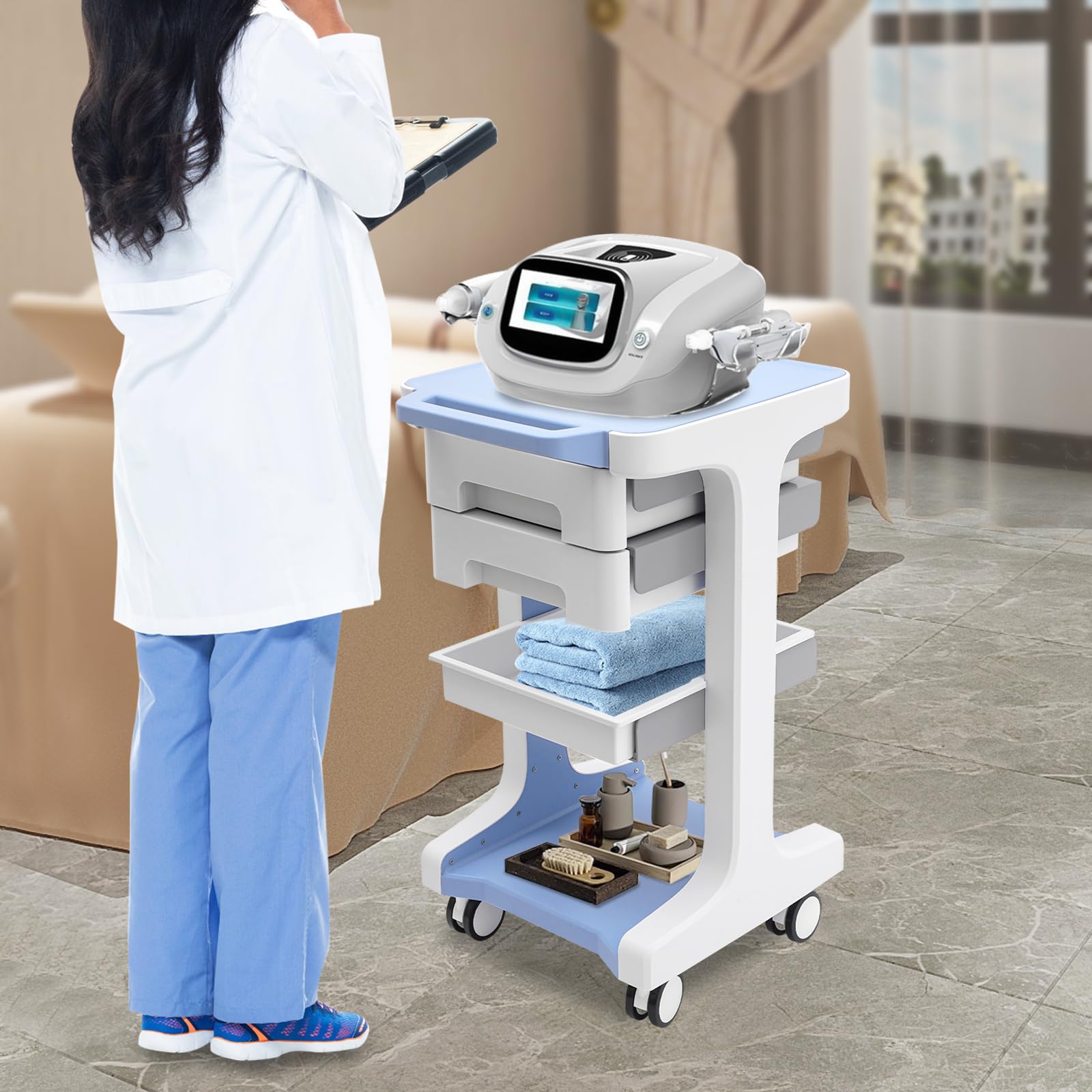 Carrello medico Beauty Salon Trolley con 2 cassetti, carrello/carrello, carrello da lavoro e parrucchiere, 41 × 41 × 67 cm, blu