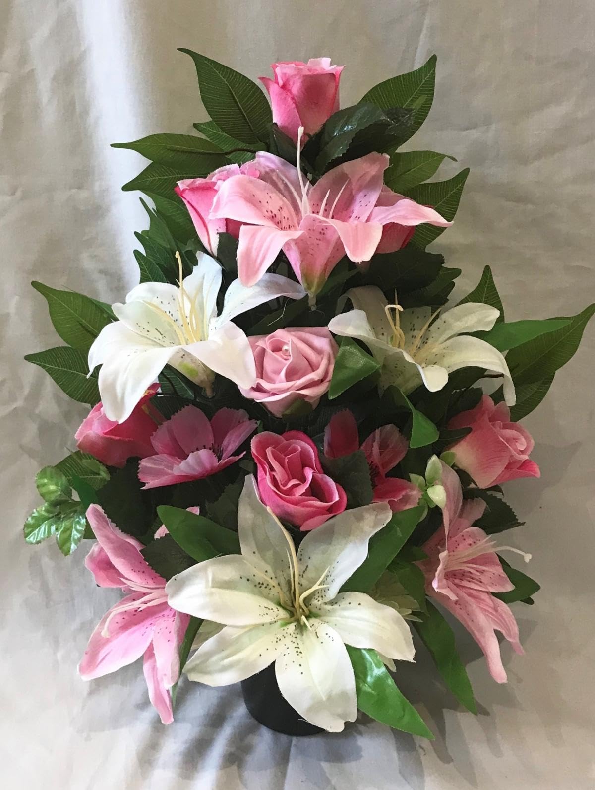 Silky Bouquets Flat-Back Grave Pot β Handmade Artificial Pink & White Lily and Rose Silk Flower Arrangement, Elegant 14" Memorial Tribute, Lasting Cemetery Floral Decoration