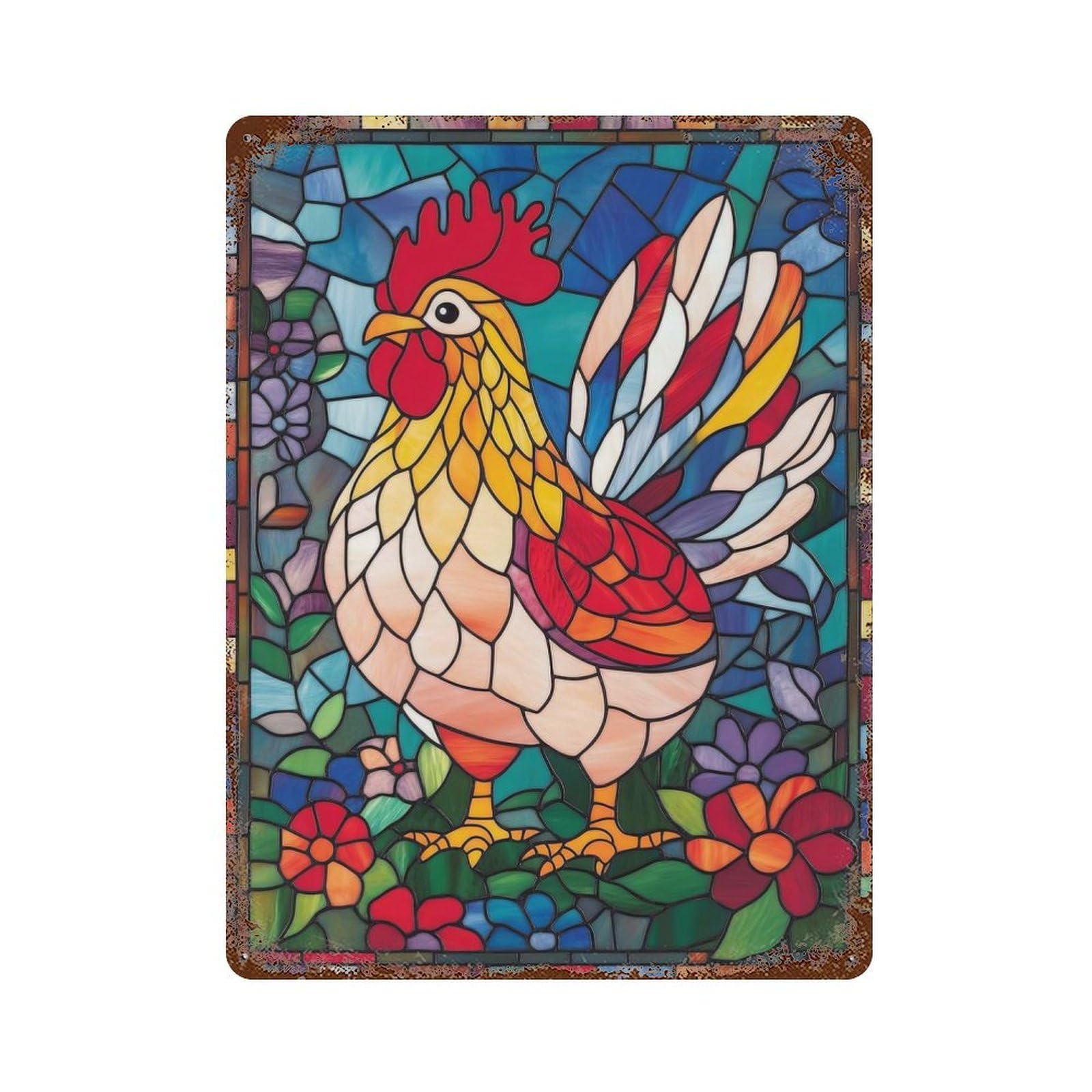 Stained Glass Rooster Rusty Metal Tin Sign 15.7"x11.8", Ideal for Patio, Garden Room And Bar Decor