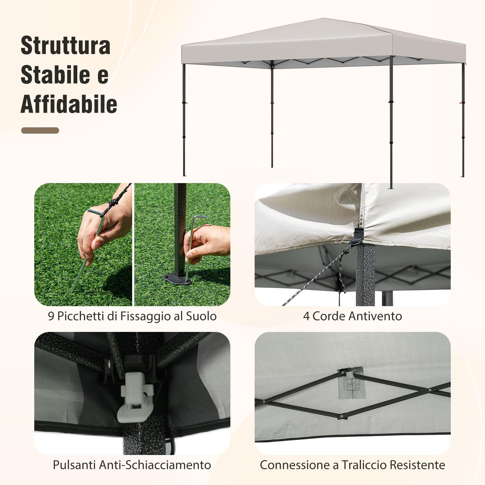 COSTWAY Gazebo Pieghevole Impermeabile, Gazebo Esterno Resistente con Acciaio Regolabile, Borsa Portatile, 9 Picchetti e 4 Corde Antivento, per Giardino, Feste e Barbecue (Beige, 3,65 x 2,25 m)