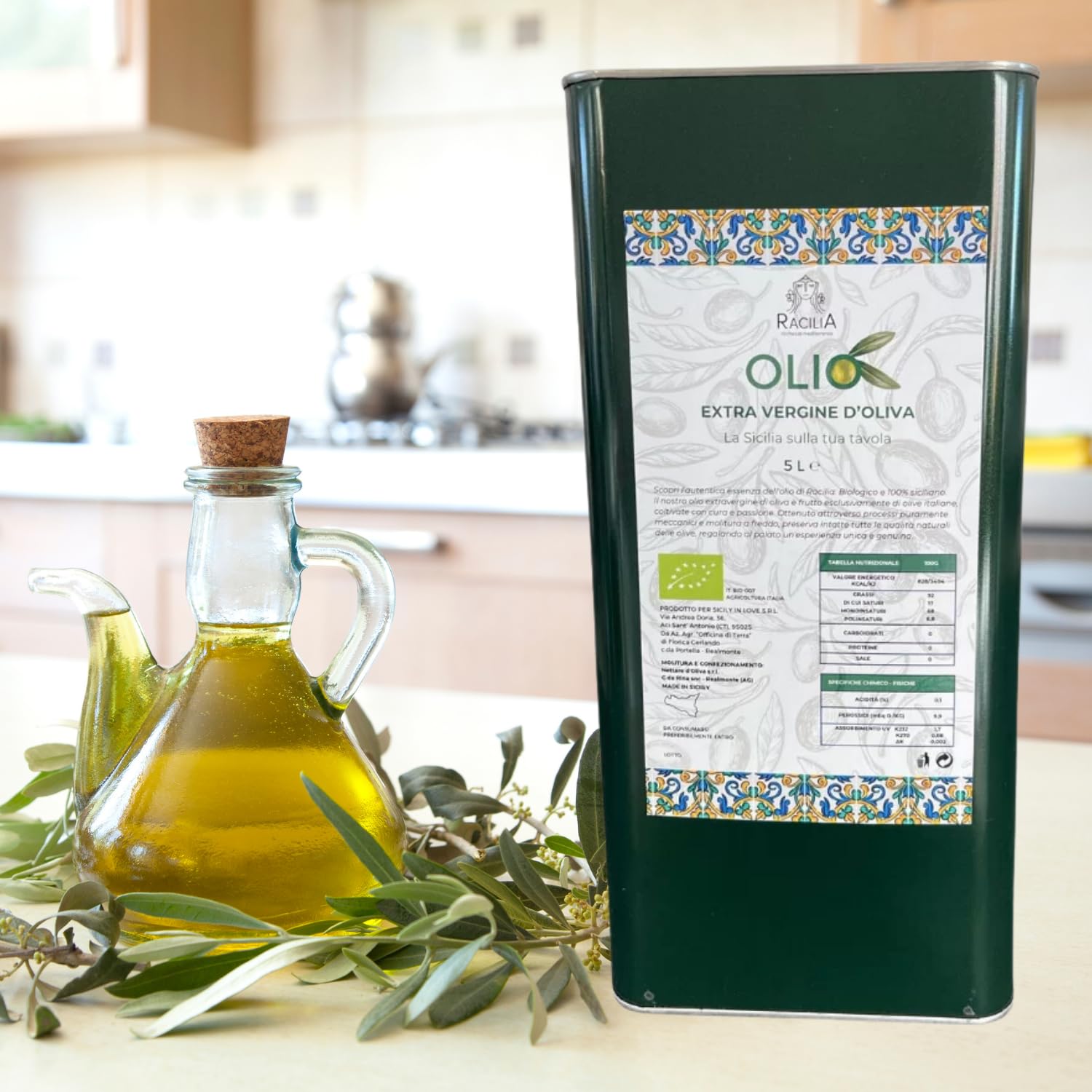 RACILIA Organiczna Oliwa z Oliwek 8 Litrów, Extra Virgin 100% Włoska 8L Puszka Evo Tłoczona Na Zimno z Sycylii, Ekstrahowana z Pierwszego Tłoczenia - Idealne Do Sałatek i Dań Kuchni Sródziemnomorskiej