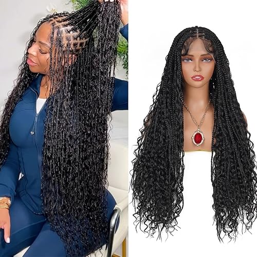 36 Inch Long Boho Knotless Braided Wigs For Women Natural Black 100% Hand Tied 13x6 Bohemian Boho Box Braids Lace Front Wig Synthetic Braid Wig With Baby Hair (Natural Color Braided Wigs, 36 Inch)