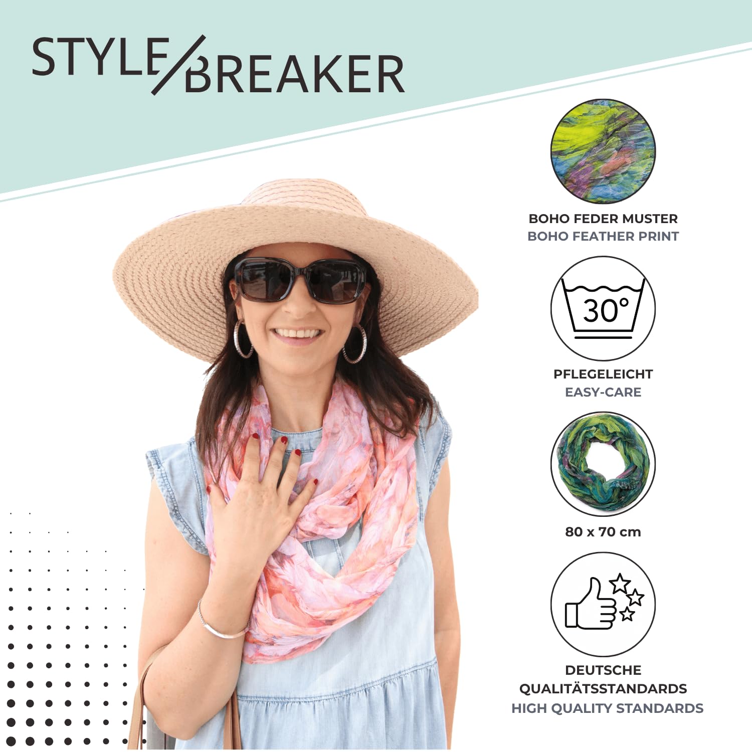 styleBREAKER Damski szal typu komin z piórami w stylu batik loop, crash and crinkle, jedwabisty lekki, chusta, szal 01016064