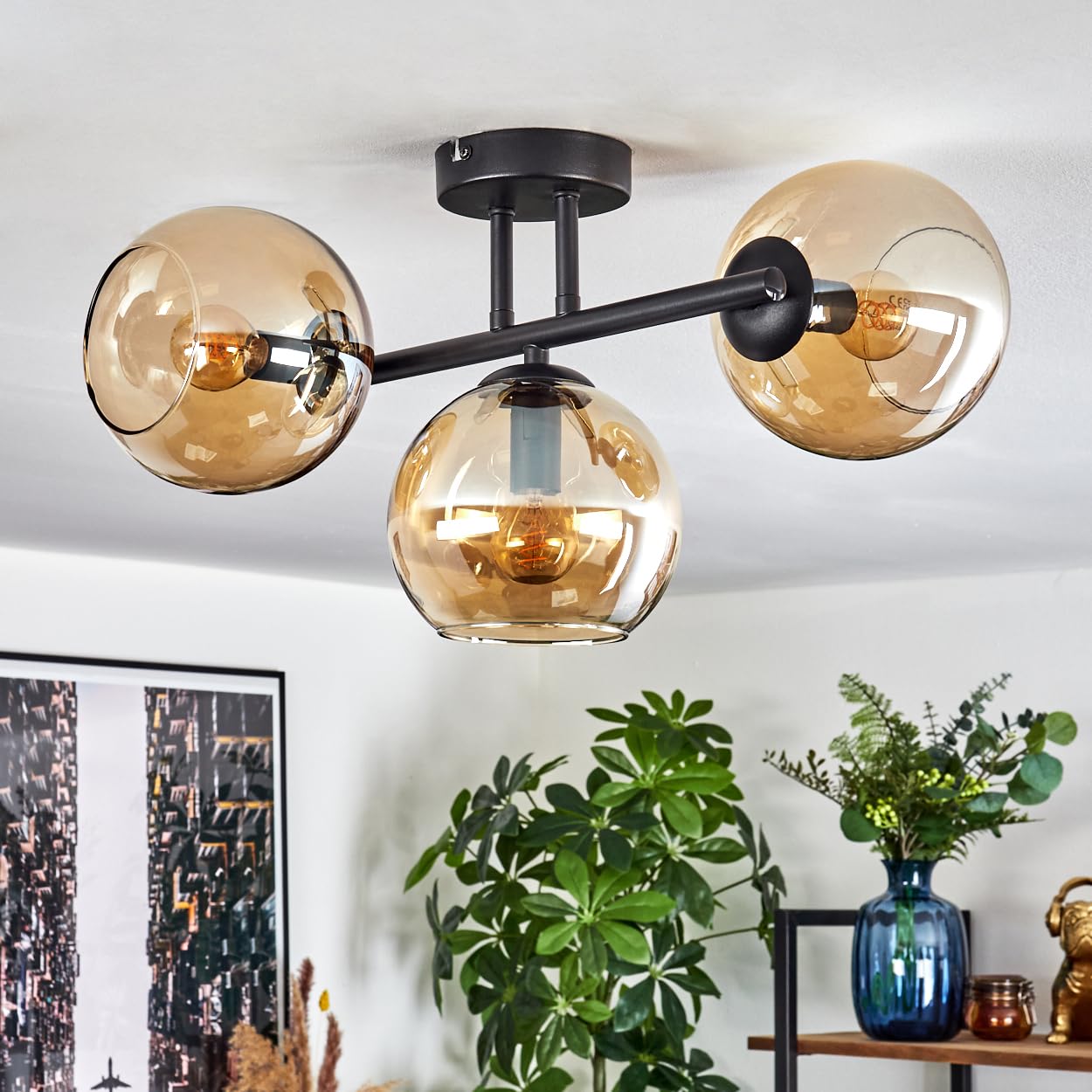 HOFSTEIN Deckenleuchte Koyoto, 3-flammige Deckenlampe aus Metall/Glas in Schwarz/Bernsteinfarben, Leuchte im Retro/Vintage-Design (Schirme Ø 15 cm), E14, Esszimmer, Wohnzimmer, Küche, Flur