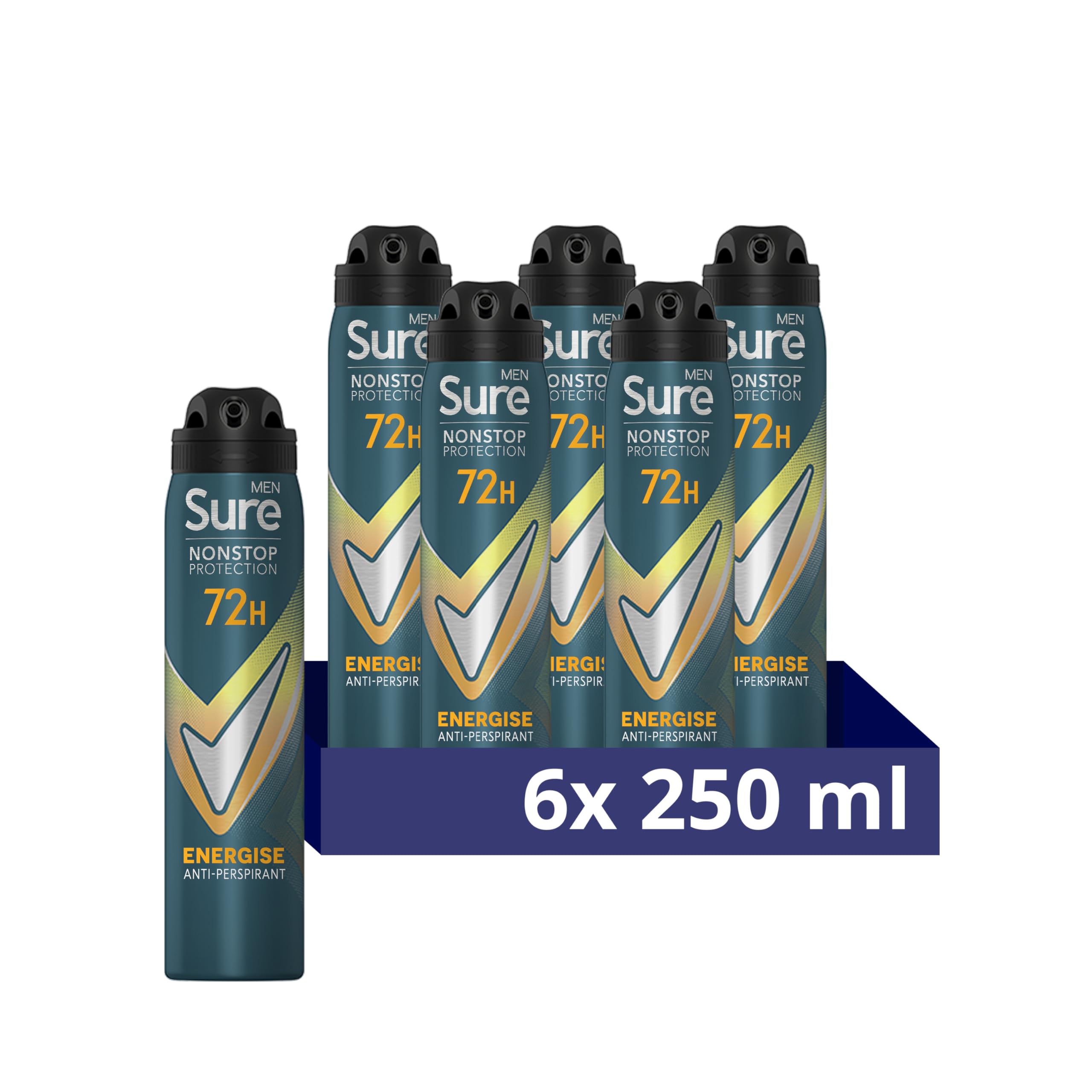 Sure Men Nonstop Protection Energise Deodorant Body Spray Antiperspirant with body heat activated technology for 72 hour protection against odour and sweat 250 ml, Pack of 6