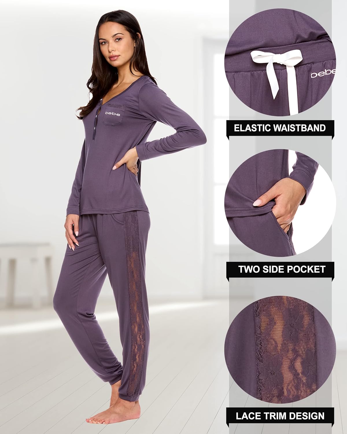 bebe Womens Pajama Set with Pockets - Long Sleeve Shirt and Pajama Pants Pj Set - Image 3