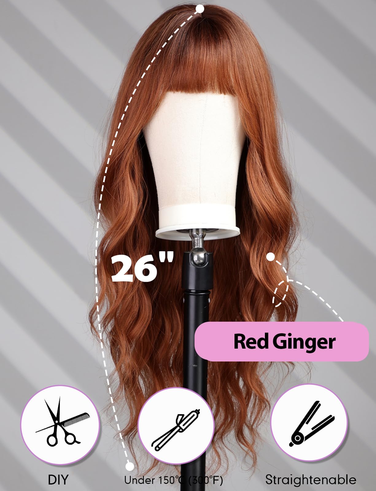 WOKESTAR Long Red Ginger Wigs for Women Synthetic Hair Wavy Wig with Fringe, average size - Image 4
