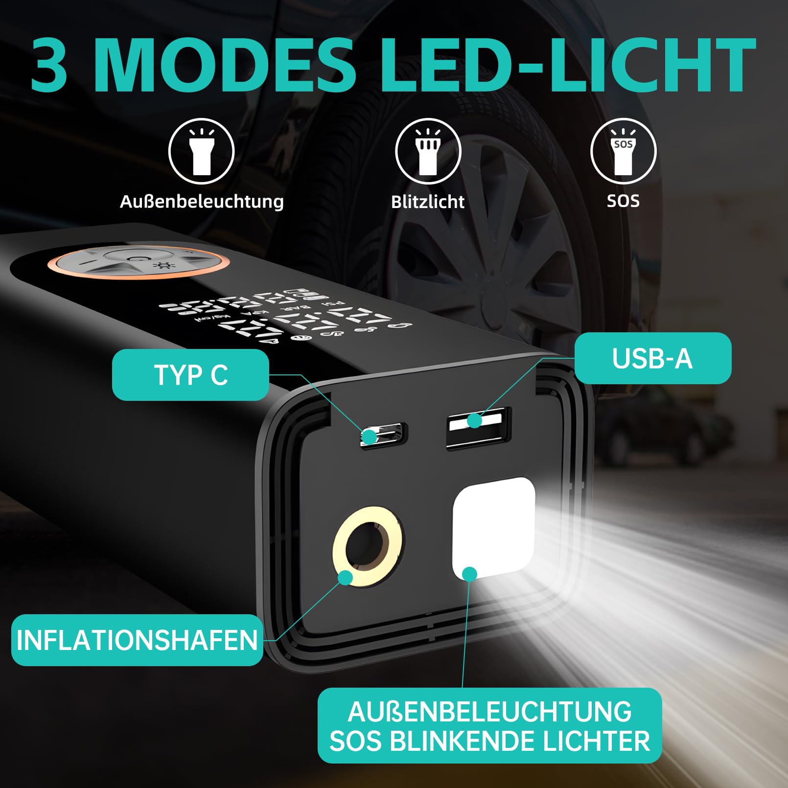 Kabelloser Elektrische Luftpumpe 150PSI 6000mAh Akku Kompressor Fahrradpumpe Mini Tragbare Reifenpumpe mit LED-Licht & Auto-Stopp Wiederaufladbare Autoreifenpumpe DC 12 V
