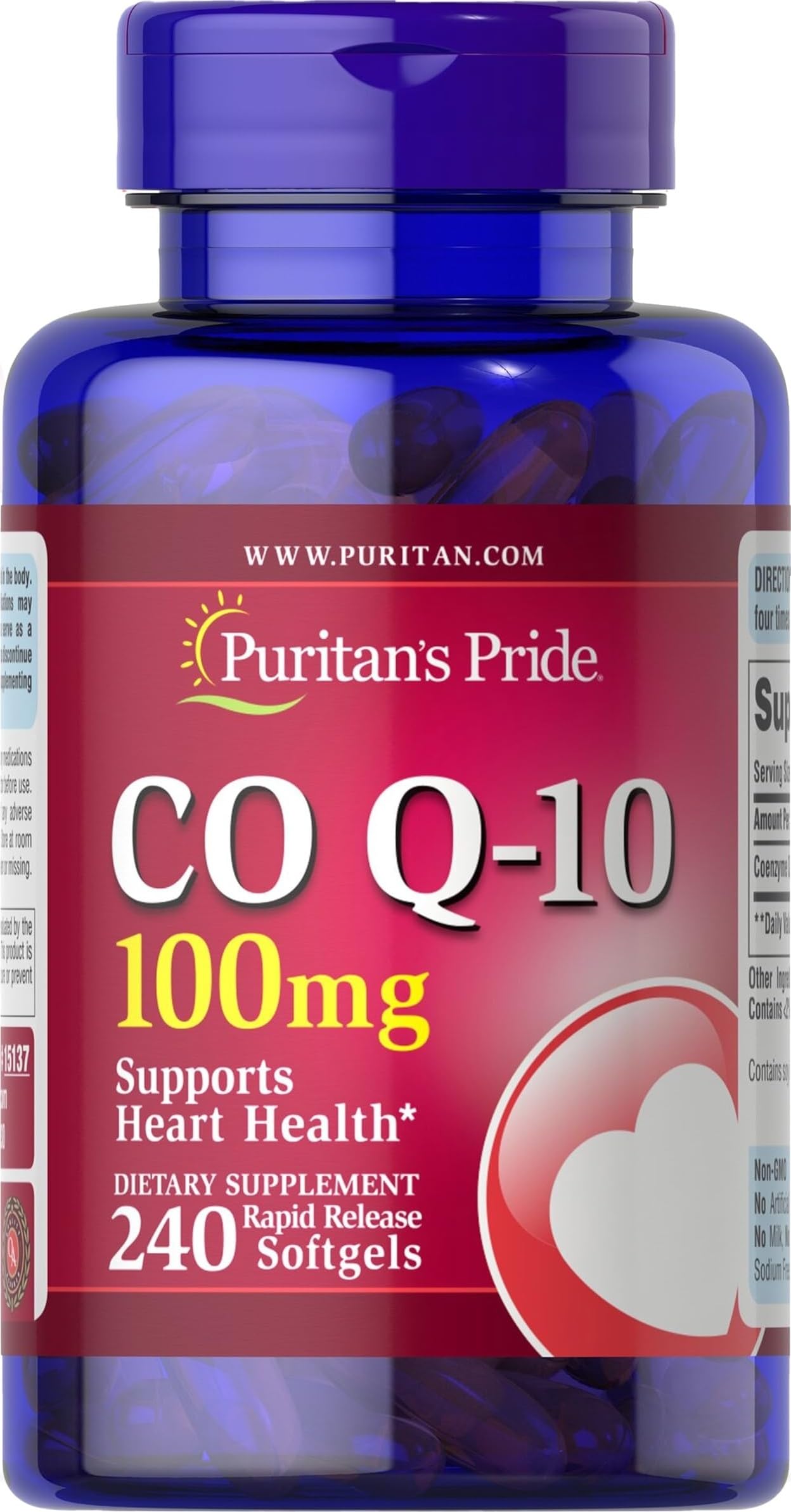 Puritan's Pride Coenzyme CoQ10 100mg, 240 Rapid Release Softgels 240 Count (Pack of 1)