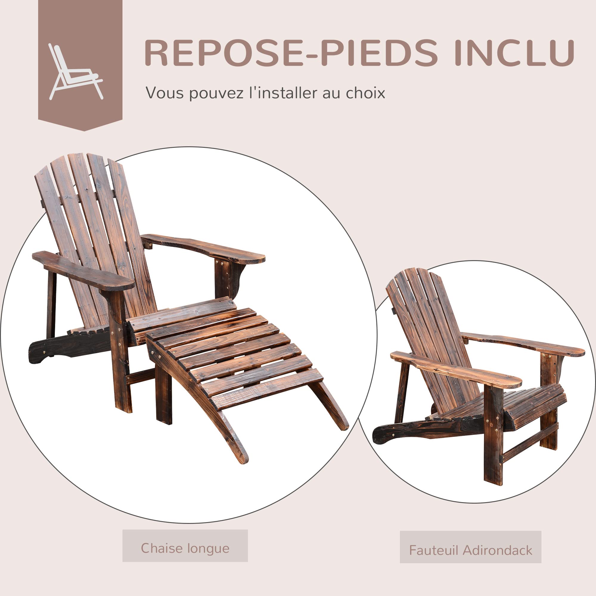 HOMCOM Fauteuil de Jardin Adirondack Chaise Longue Chaise Plage avec Tabouret Bois de Sapin