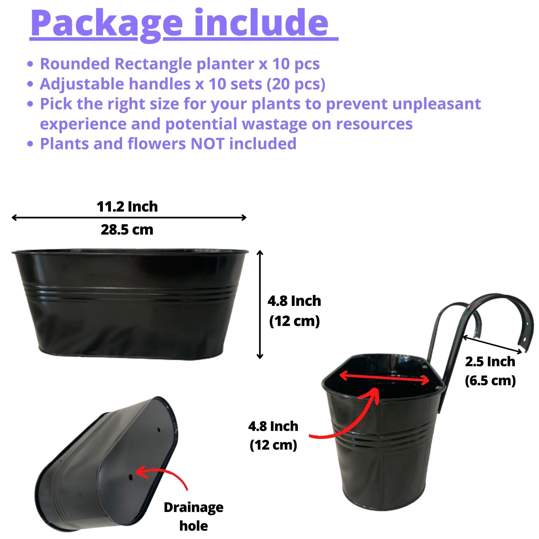 LaLaGreen - Maceta para plantas al aire libre (paquete de 10 unidades, 11.2 pulgadas), macetas colgantes de hierro negro de metal negro, barandillas de cubierta, cubos de valla, estilo bohemio
