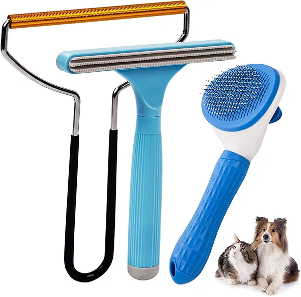 3 in 1 Analan Cat Brush Pet Hair Remover for Dog & Cat, Self-Cleaning Slicker Brush for Pet Grooming, Perfect Pet Hair Removal Tool for Furniture Carpets Couches and Bedding (Sky Blue)