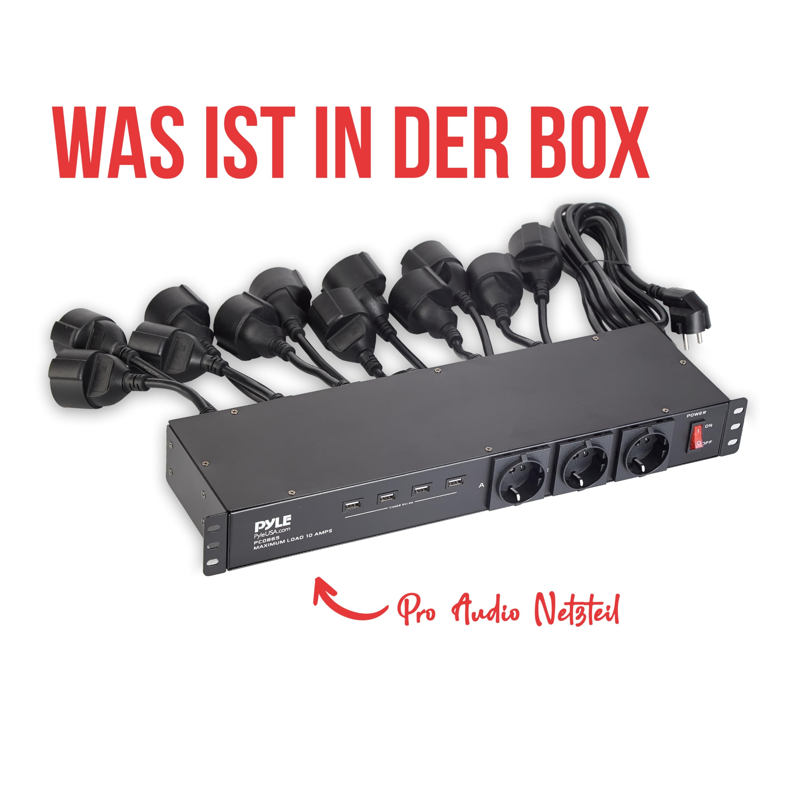 Pyle Stromverteiler- 1U Rack, Mehrfachsteckdose mit 12 Fest Verkabelten Ausgängen, 3 Frontsteckdosen & 4 USB-Ports (5V/2A), 5 m Netzkabel, Metallgehäuse, Rack-PDU für Studio, Bühne & Installation