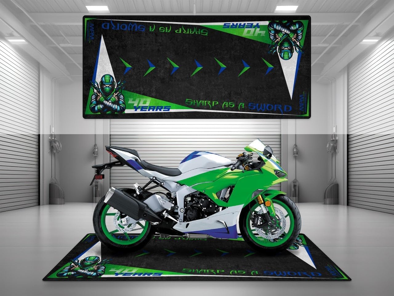 MPM Motorcycle Mat for Kawasaki 40th Anniversary Washable Non - Slip Oil & Water Resistant Parking Pitmat for Garage, Showroom, Workshop Use | Green - Size 1: 86.6 x 39.4/220 x 100 cm