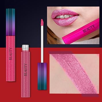 Metallic Lip Gloss, Diamond Glitter Liquid Lipstick for Lip & Eye, Long Lasting Waterproof 3D Metallic Finish Rose Pink Lipgloss Nonstick Cup Shimmer Pink Lipstick No Transfer