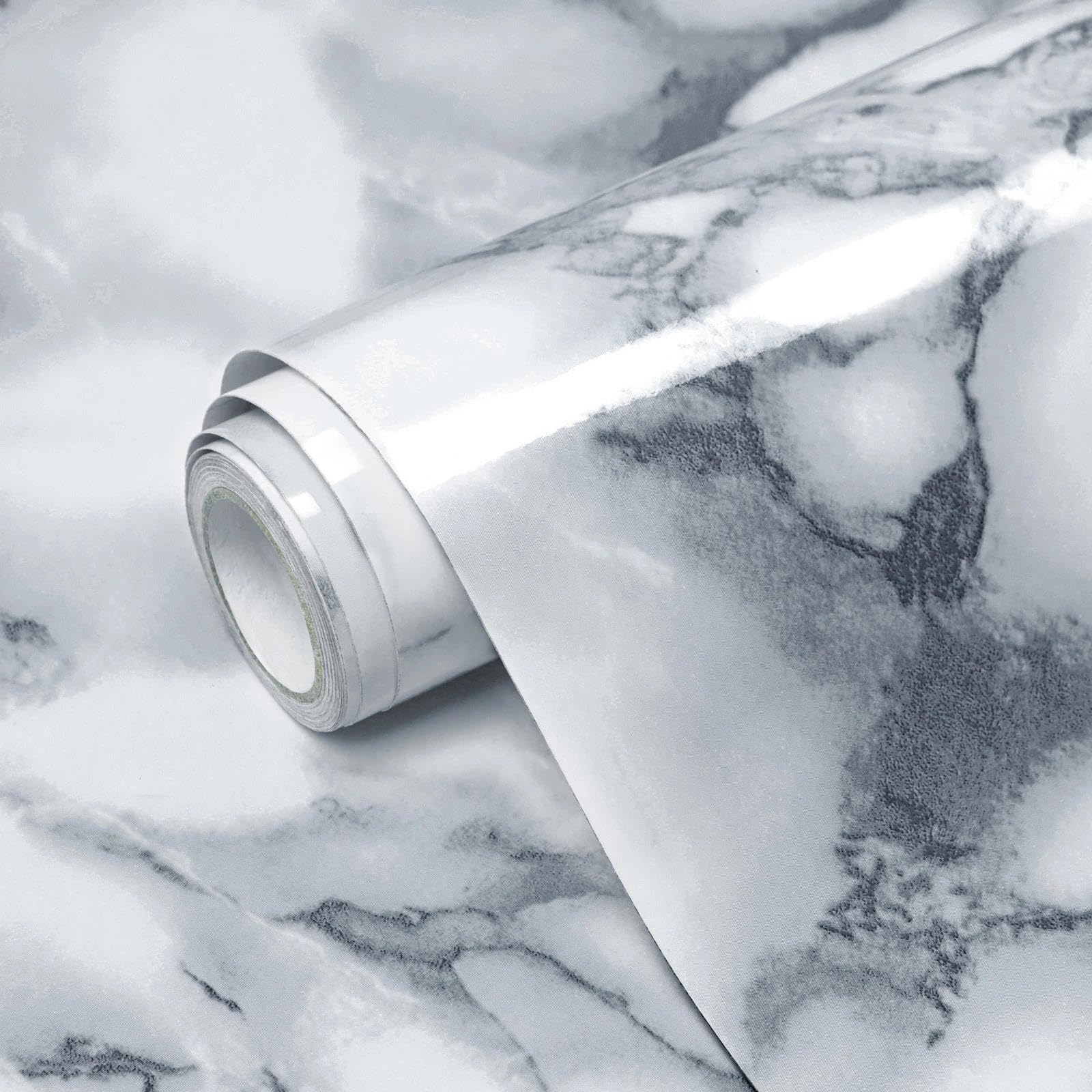 Laceskyso Marble Effect Wallpaper Self Adhesive Peel and Stick 44cm x 204cm Grey Gloss Marble Sticky Back Plastic Waterproof Removable Vinyl for Kitchen Countertop, Bathroom, Furniture, Wall Decor