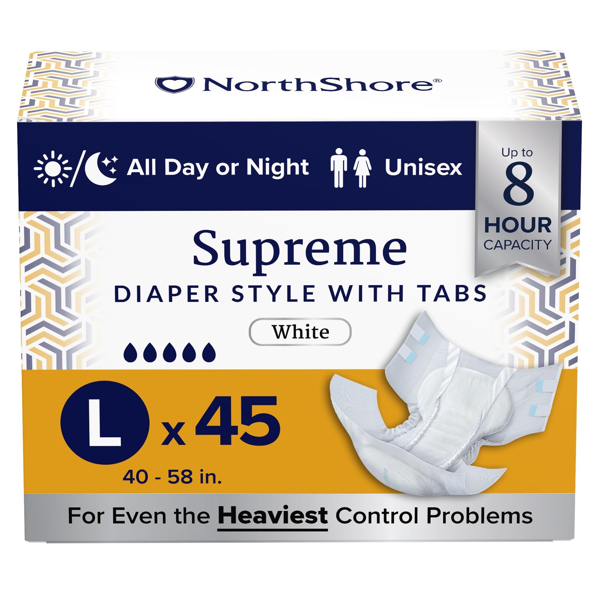 NorthShore Supreme Tab-Style Briefs for Men and Women (White, Large, 45 Count)