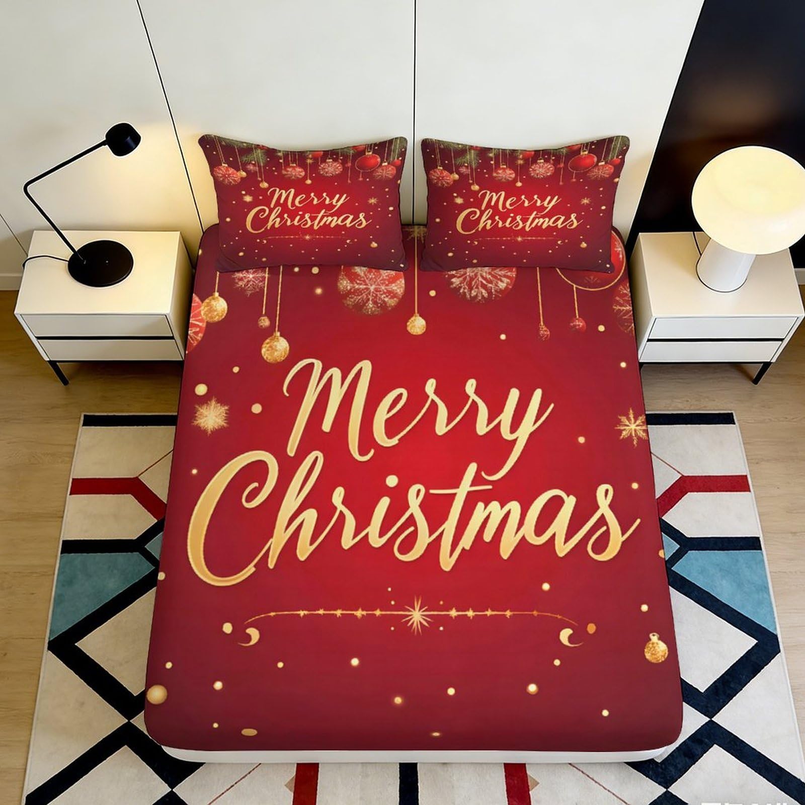 3D Printed Christmas Ornament Fitted Sheet Microfiber Red Gold Merry Christmas Bed Cover for Bedroom Guest Room 90x200x25cm