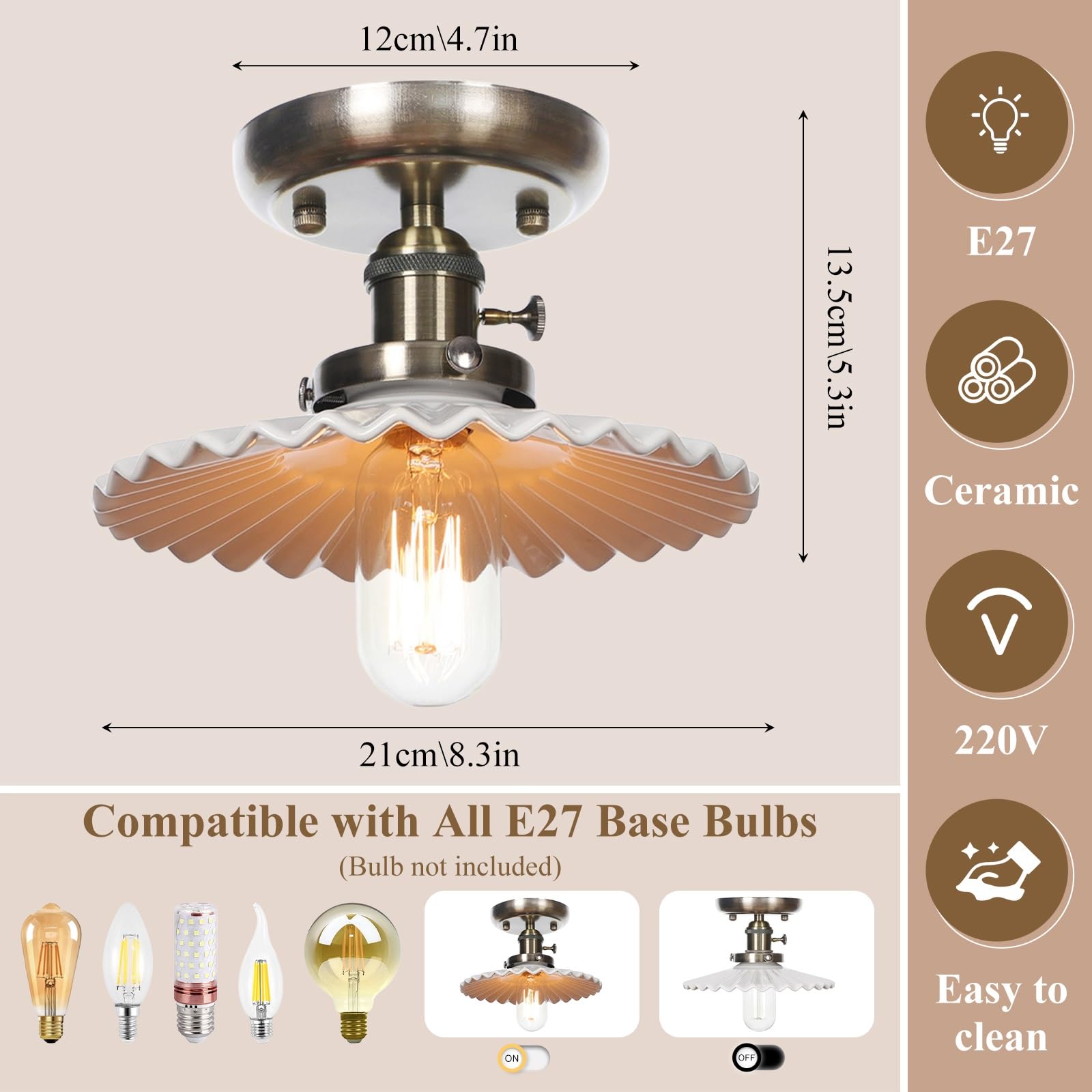 Lampa sufitowa do montażu częściowo podtynkowego - kinkiet ścienny przemysłowa lampa wisząca blisko sufitu | Biały plisowany klosz ceramiczny, oprawy oświetleniowe sufitowe 8.3"(Antique bronze)