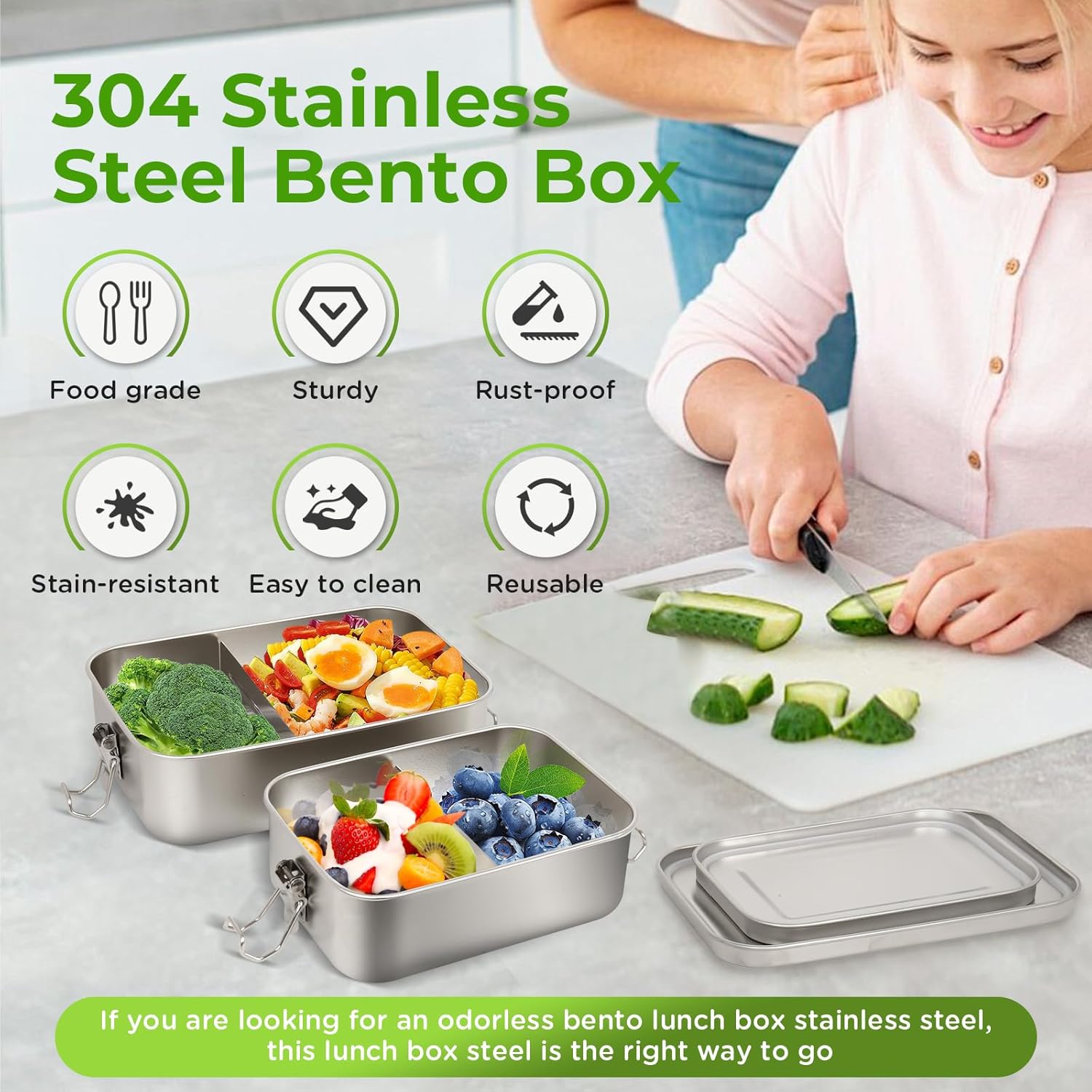 LEEPENK 304 Stainless Steel Lunch Box and Food Containers with Lids 2 Pack 1400/850ml Leak-Proof Adjustable Compartment Metal Bento Box for Travel Work Picnic Adults