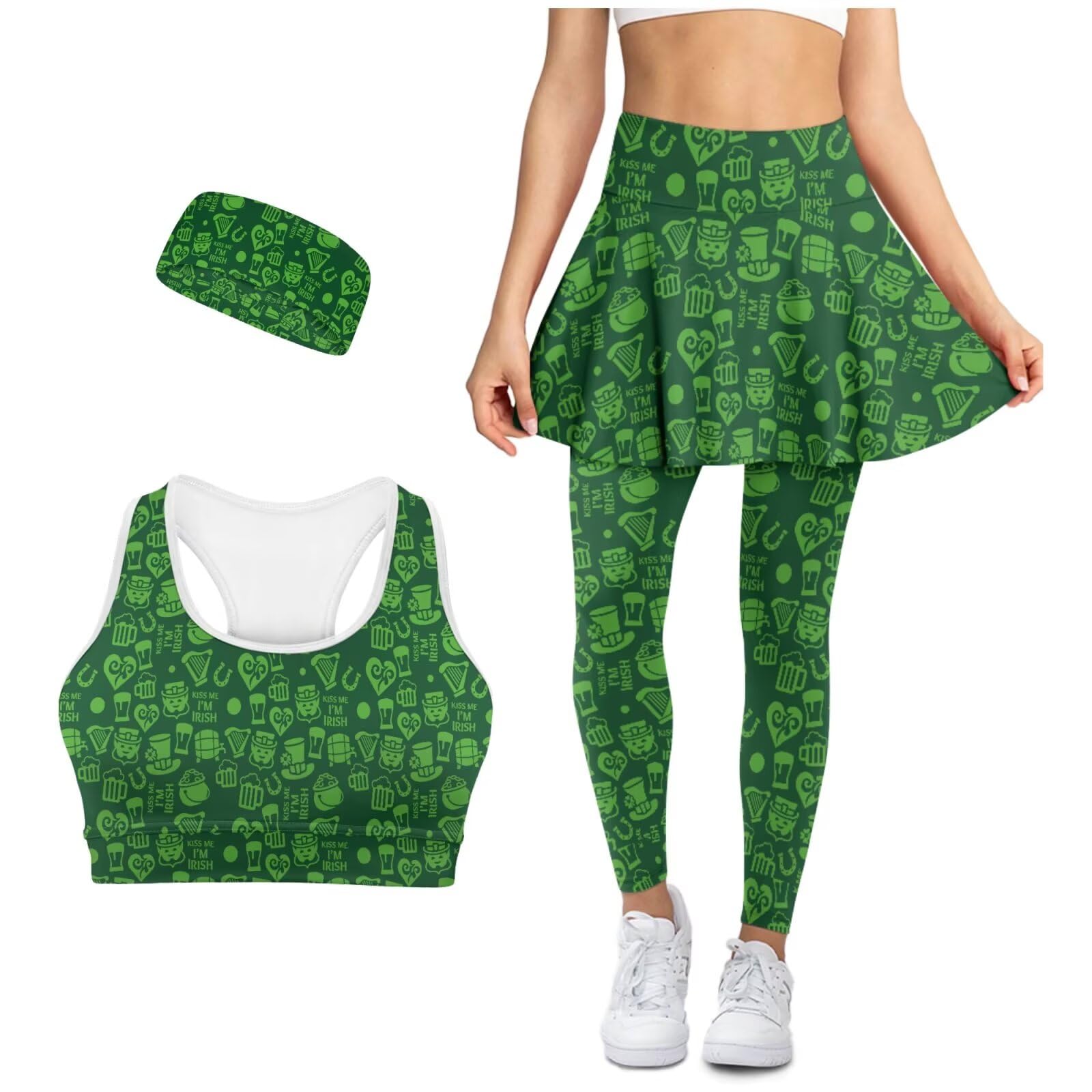 Yoga Set for Women 3 Pieces Workout Sets Matching Skirted Leggings Sport Bra with Headband