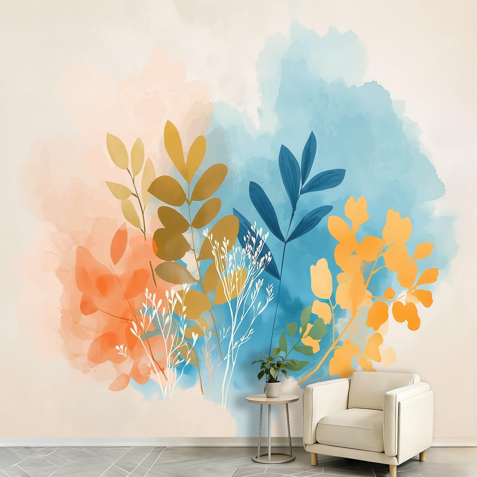 Carta da parati con foglie vegetazione, decorazione murale da parete, poster moderno, astratto, arte botanica, design fotografico per soggiorno e camera da letto, 400 x 280 cm (larghezza x altezza)