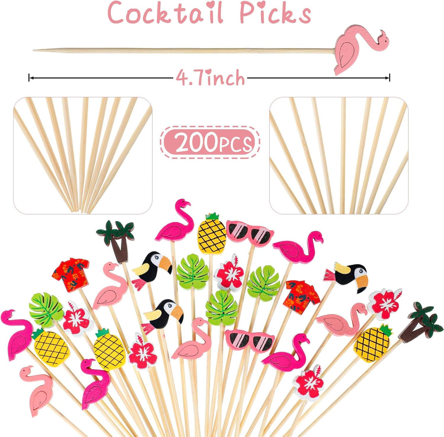 Hawaiian Luau Assorted Picks Tropical Cocktail Bamboo Toothpicks Flamingo Pineapple Beach Toucan Palm Leaf Handmade for Appetizers Food Drinks Luau Hawaii Beach Holiday Party Supplies (1000 Pieces)