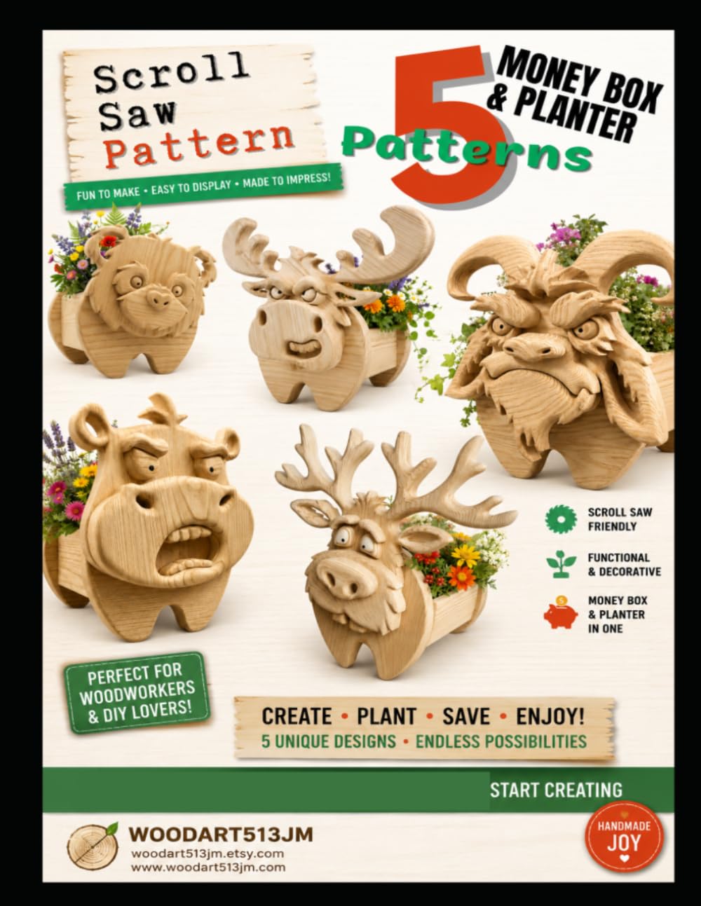5 Scroll Saw Money Box & Planter Patterns: Animal Woodworking Designs