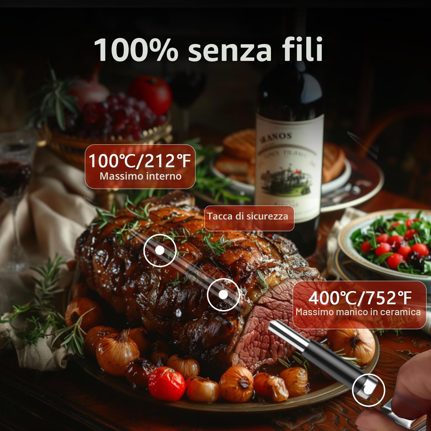 BFOUR Termometro wireless per carne, Bluetooth con app, misuratore di temperatura interna intelligente, grande display, termometro per arrosto IP67, impermeabile, controllo tramite app, per barbecue