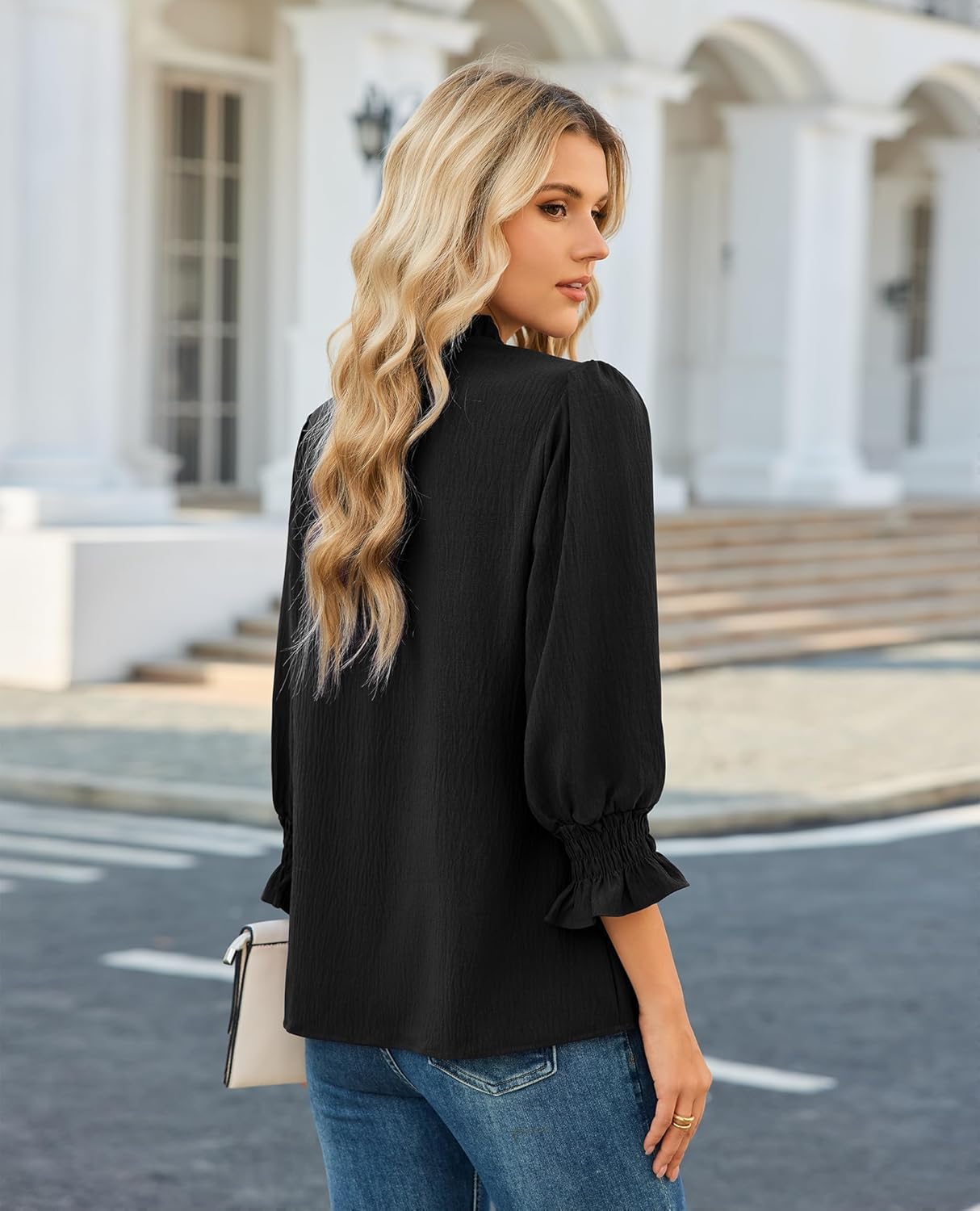 siliteelon Blouses for Women Dressy Casual 3/4 Length Sleeve Womens Tops Ruffle Collar Tie Front Lace Cute Spring Summer - Image 4