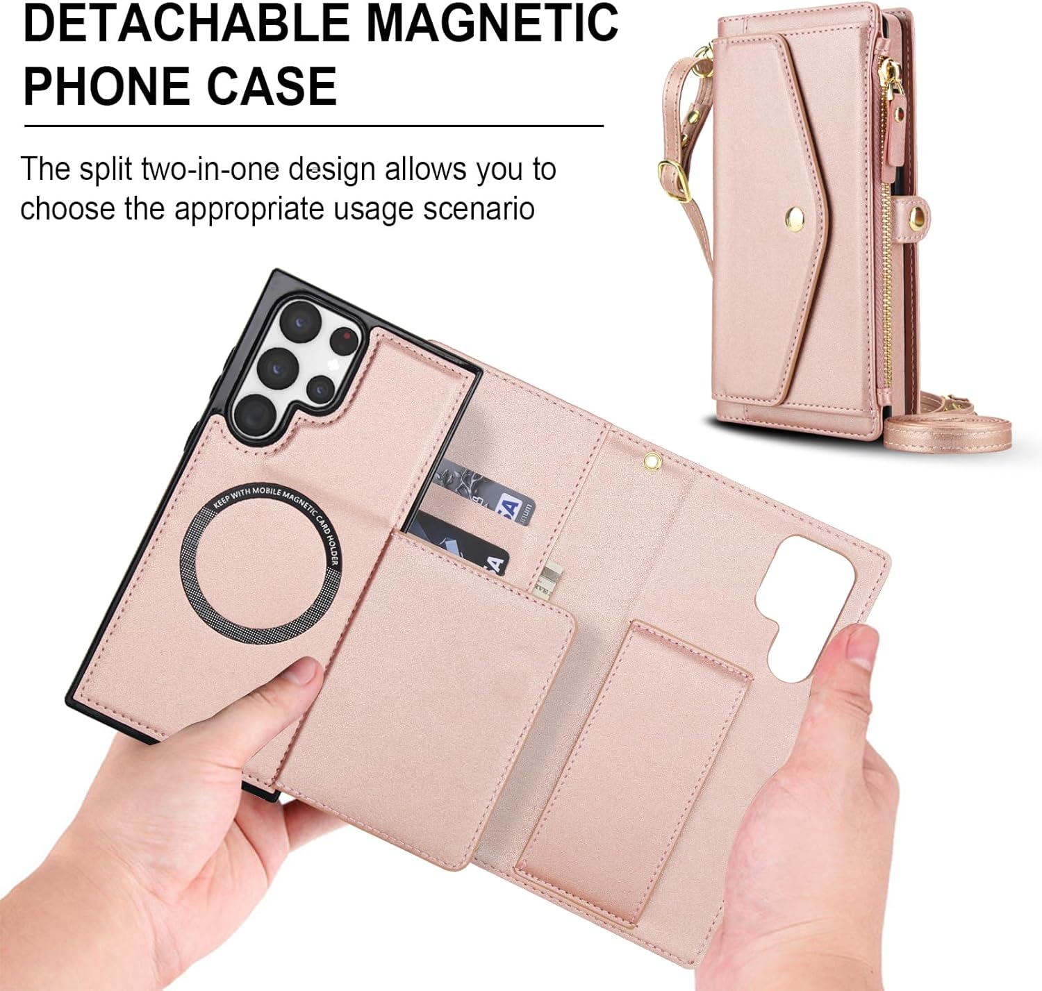 Phone Case for Samsung Galaxy S23 Ultra 5G Wallet Cover Compatible with Magsafe RFID Screen Protector Crossbody Lanyard Strap Flip Card Holder Slot Cell S23Ultra 23S S 23 23Ultra 6.8 inch Rose Gold