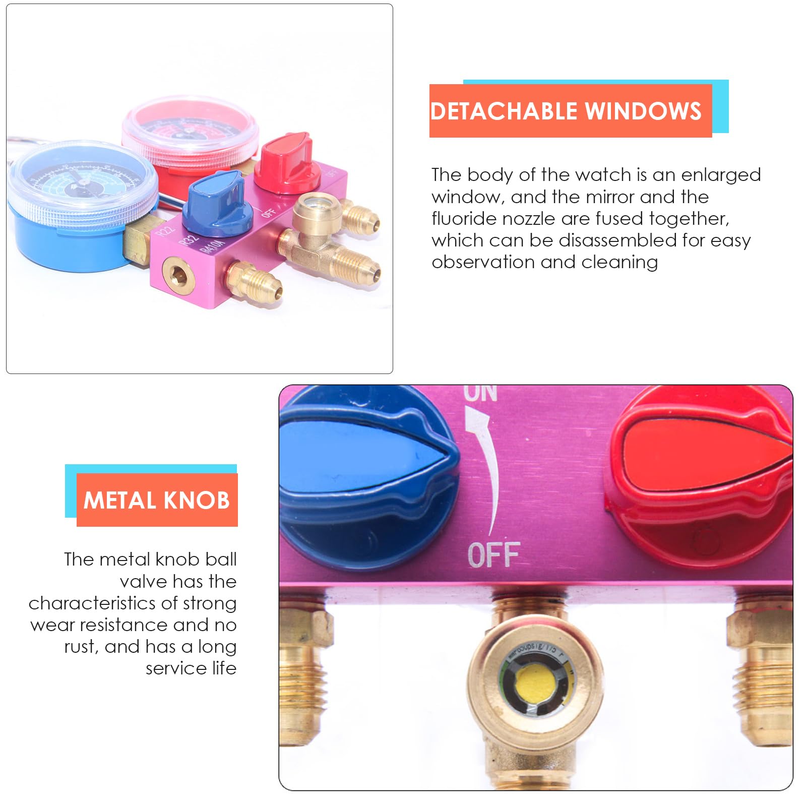 Manómetro de Colector, Mini Manómetro de Refrigerante de Fluoruro para Refrigerante R22, R32, R410A, Herramienta de Aire Acondicionado con Perilla de Metal G1/4, Desmontable para