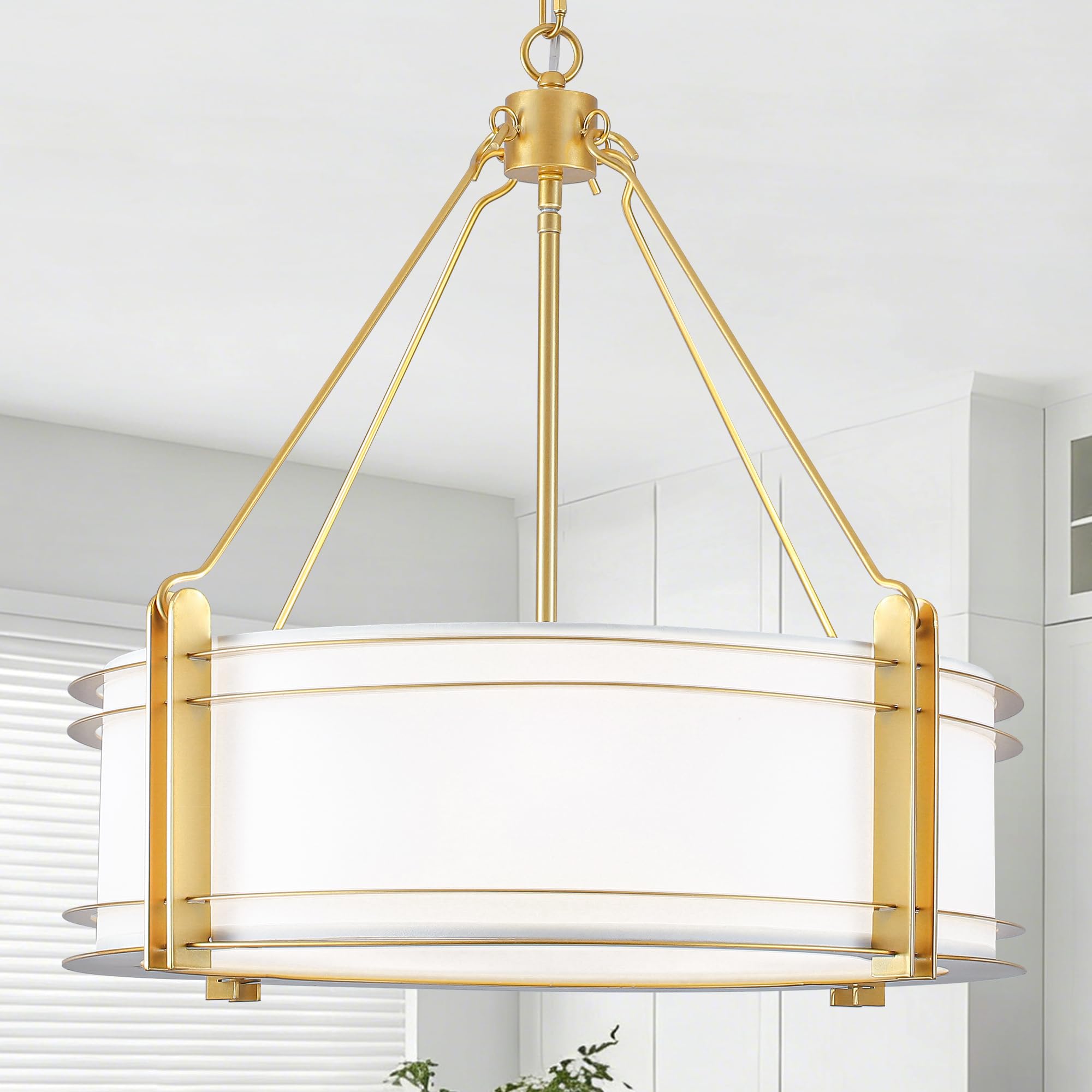 20 4 Gold Drum Chandelier Light Fixture 5-Light Modern White Fabric Chandeliers for Dining Room Farmhouse Drum Pendant