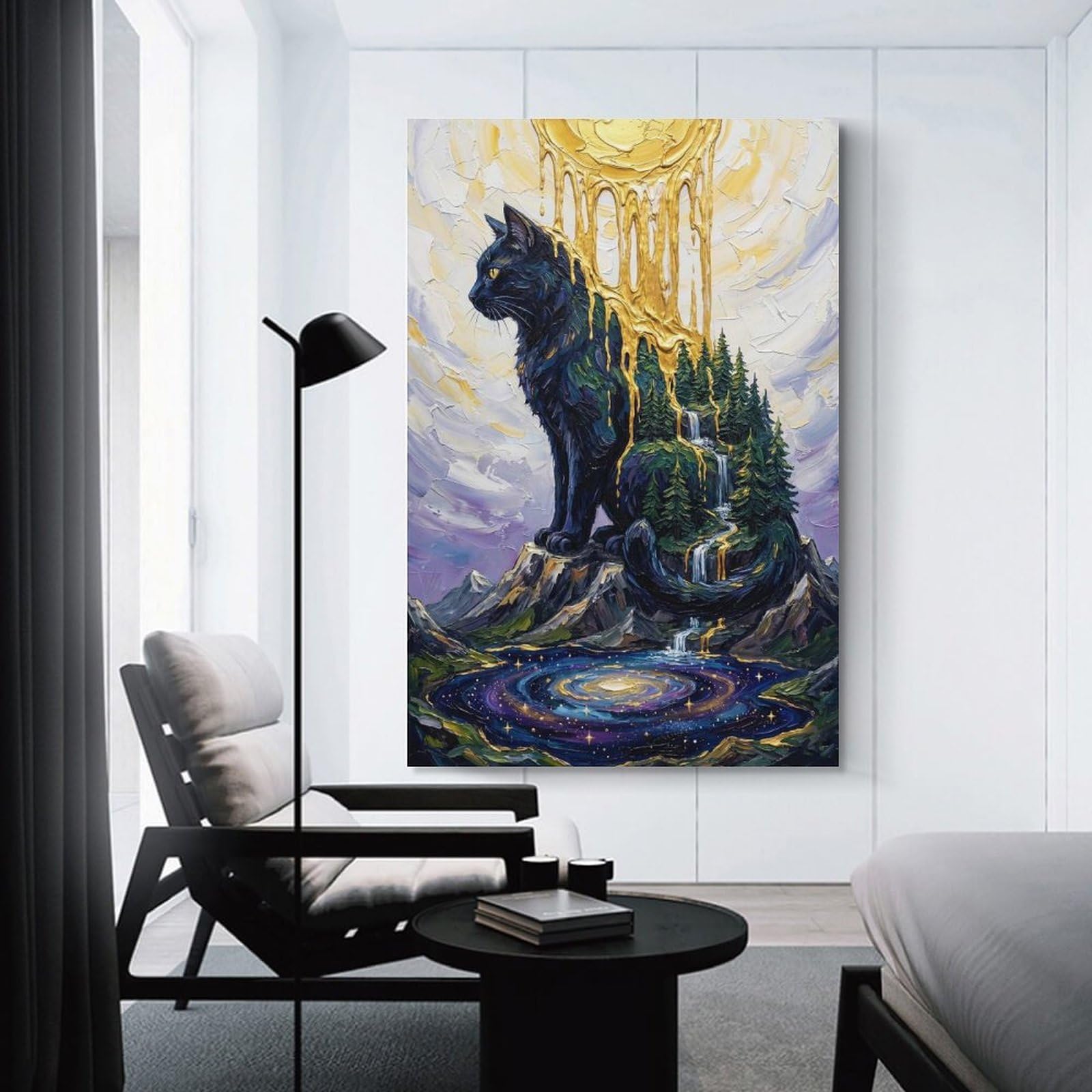 Junmoney Celestial Cat Mountain Painting Wall Picture Print 20x30inch(50x75cm), for Lounge Decor, Offices Or Entryway Styling, Versatile Wall Decor for Many Rooms