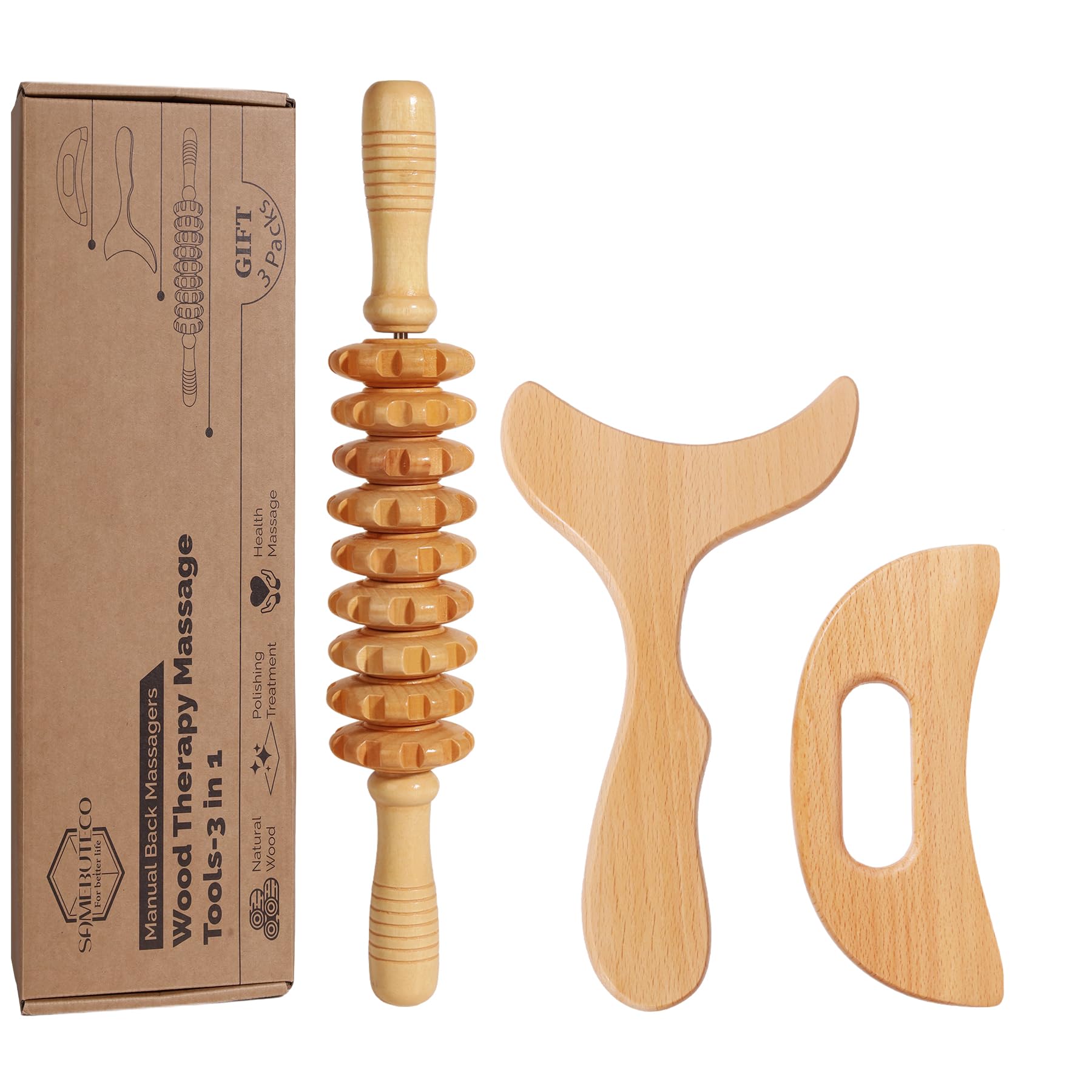 SAMEBUTECO Manuelle Faszien-Massagerolle aus Holz, Lymphdrainage-Massagegerät und Gua-Sha-Werkzeug-Set für Körperentlastung, Cellulite, Anti-Cellulite und Linderung von Muskelermüdung, 3 Packungen
