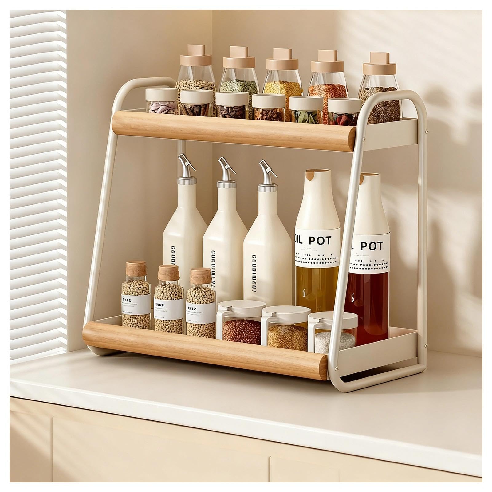 HADECOLL Vintage 2-Tier Spice Rack, Countertop Storage Organizer, Carbon Steel And Wood Stand For Sugar, Salt, Pepper And Oil Bottles,White-15.7in
