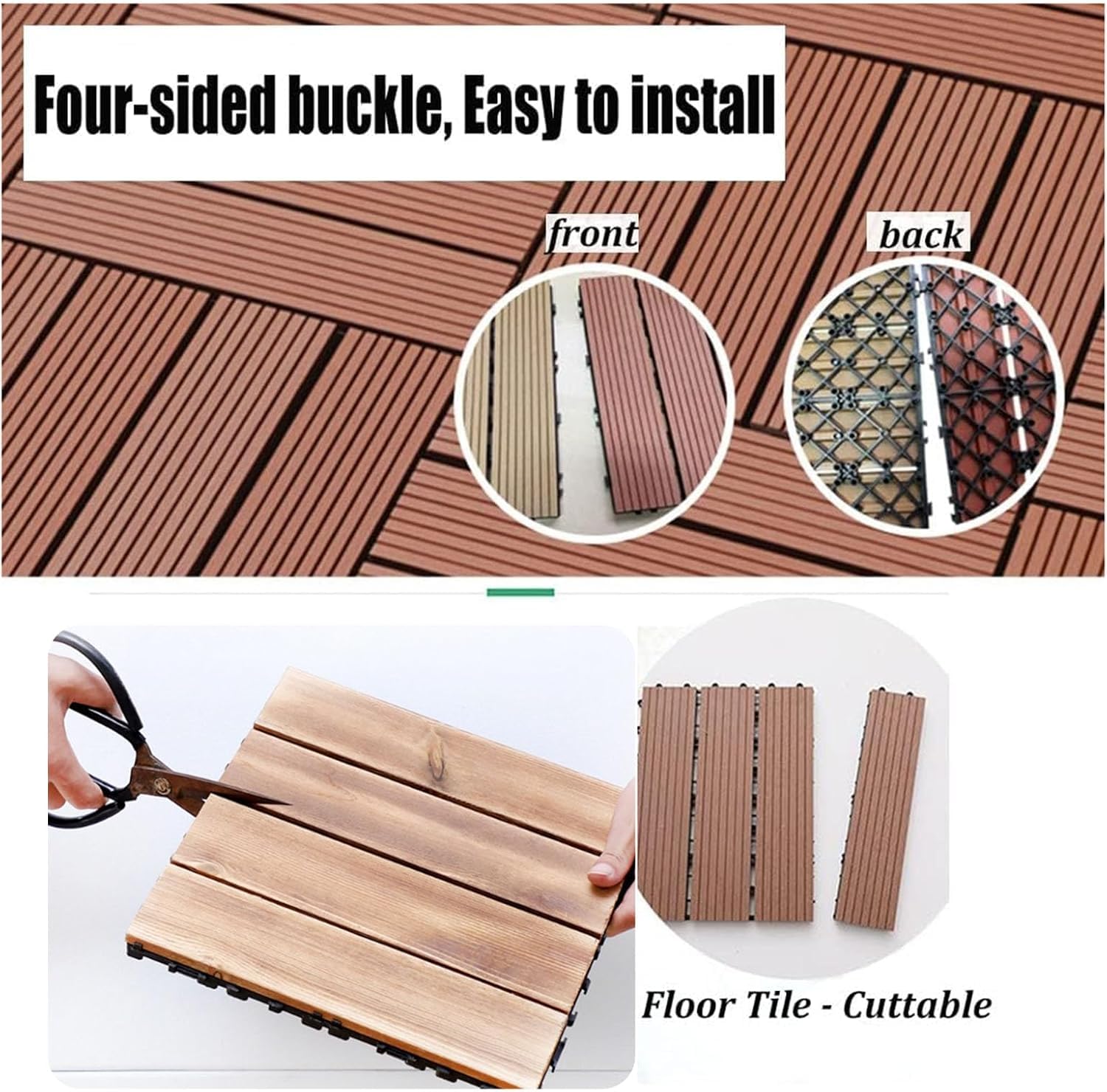 Wood-Plastic Interlocking Outdoor Flooring Tiles with Square Spliced Carbonised Wood Panels for Garden, Terrace, Balcony(20pcs)