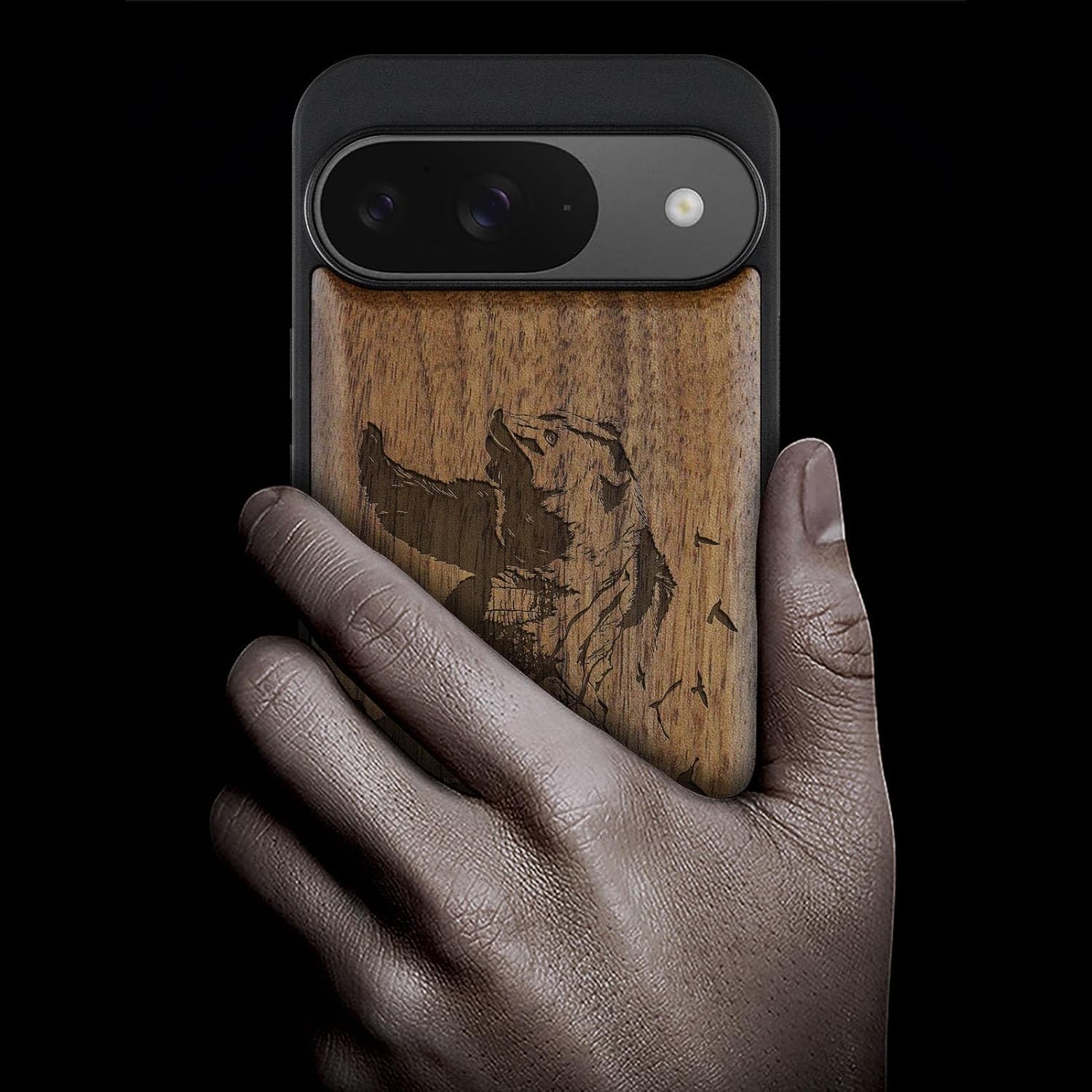 Carveit Magnetic Wooden Case for Google Pixel 9 Case, Wood Artisan Engraved & Soft TPU Shockproof Cover, Compatible with MagSafe Wireless Chargers (Bear and Valleys) Walnut