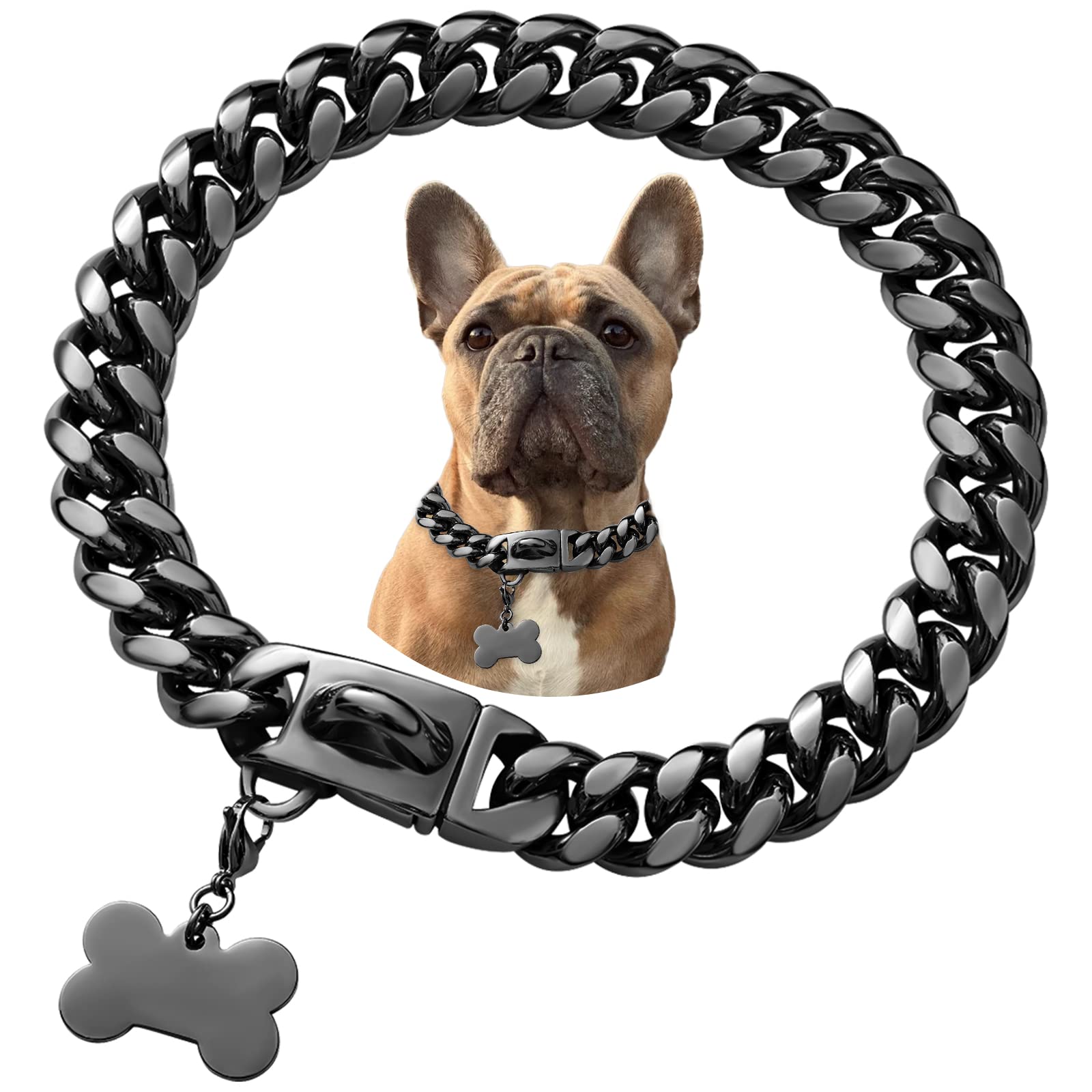 Stainless Steel Buckle Dog Collar, Cool Charm Pet Bulldog Jewelry Necklace, Waterproof Rose Gold Black Silver Heavy Duty Anti-chew Curb Cuban Dog Collar
