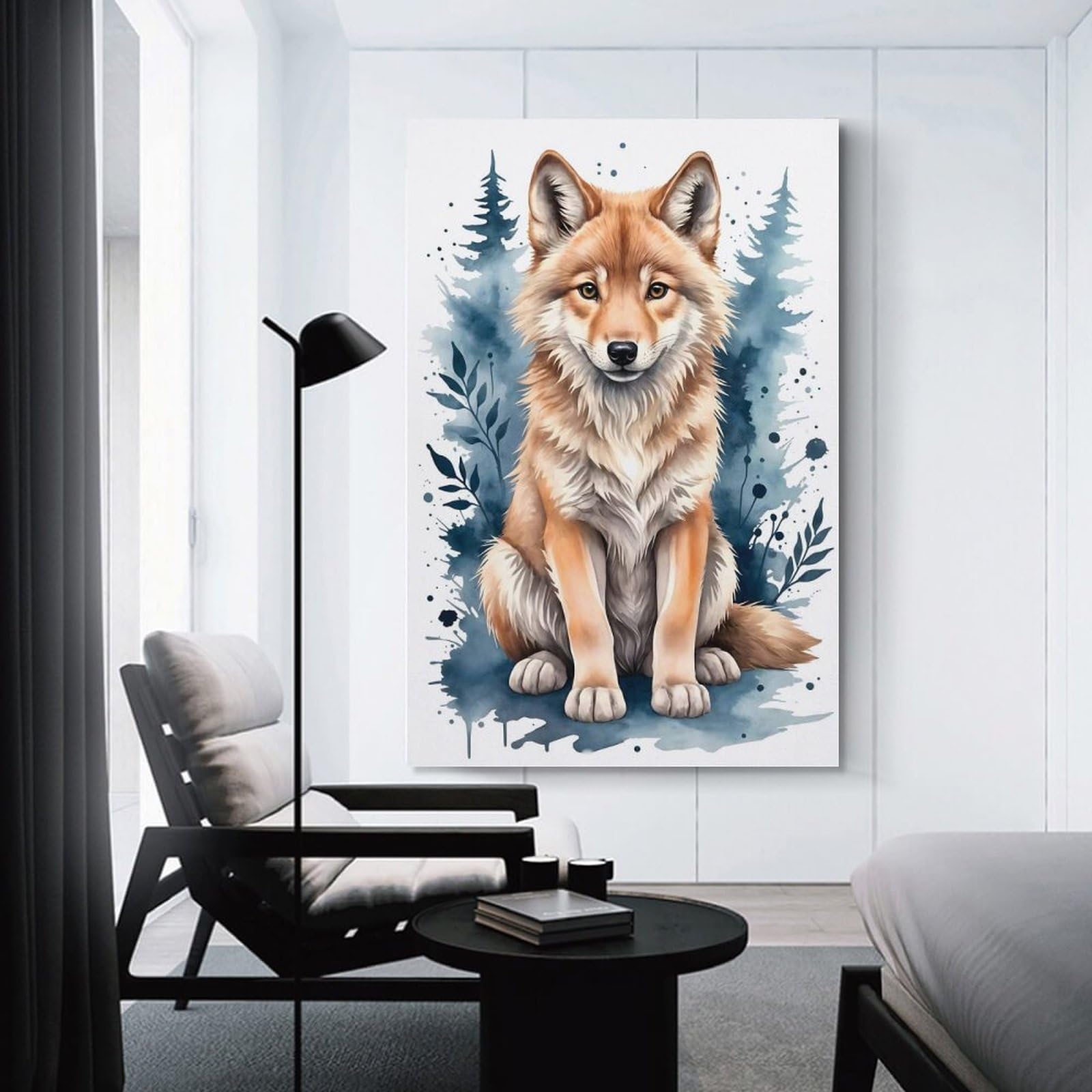 Junmoney Wolf Watercolor Wall Art Print, 24x36inch(60x90cm), for Corridors, Hallways Or Apartment Entries, Wall Decor to Refresh Empty Corners