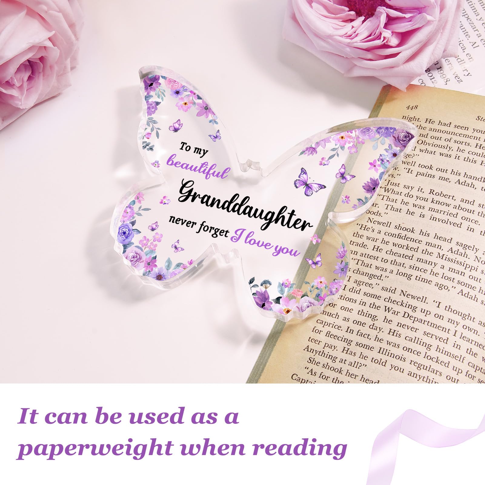 Granddaughter Gifts from Grandma Grandpa - Unique Purple Butterfly Acrylic Plaque Desk Decor - Mothers Day Christmas Valentines Day Graduation Gift for Granddaughter - 5 x 3.8 x 0.5 inches
